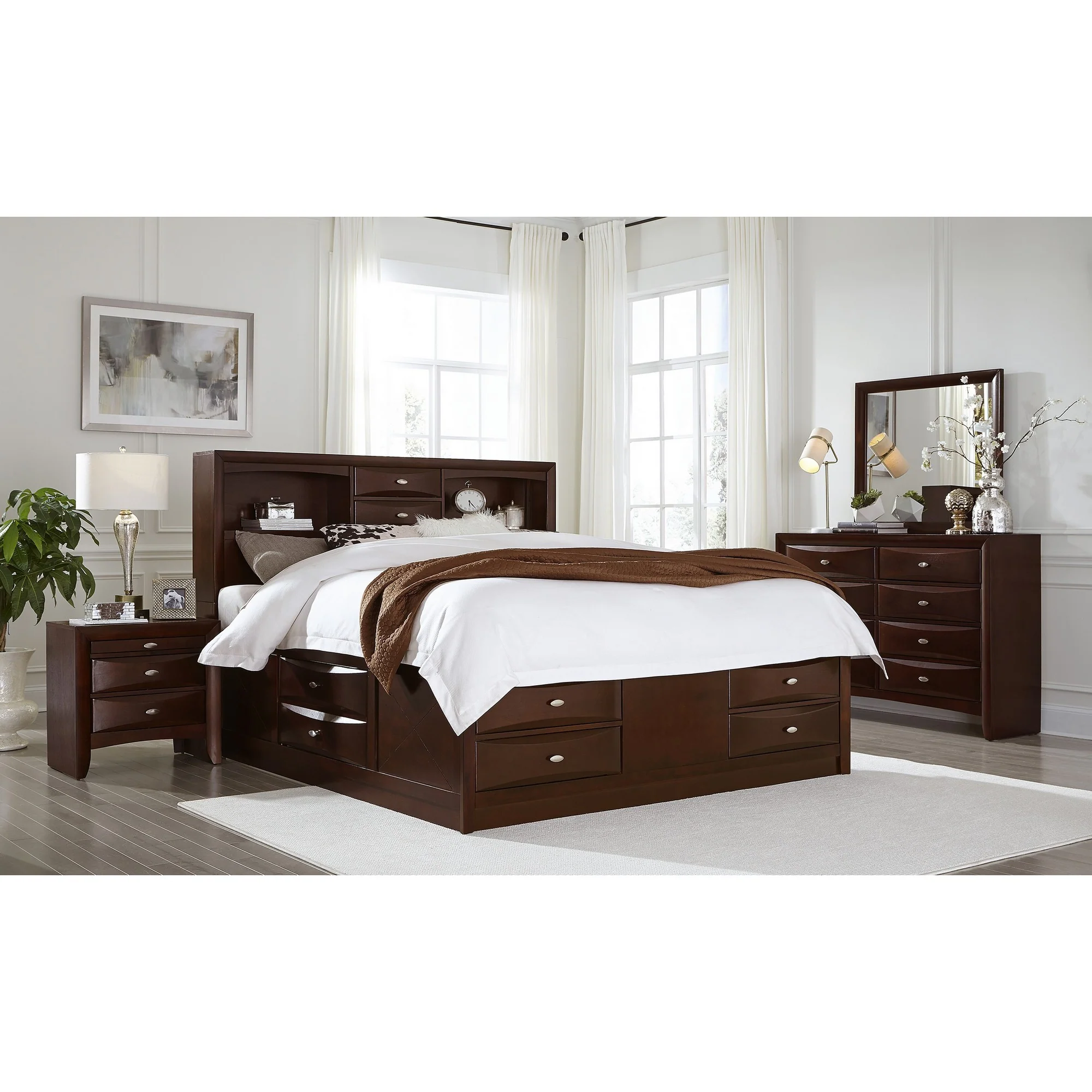 New Merlot Veneer King Bed With Bookcase Headboard 10 Drawers By Homeroots