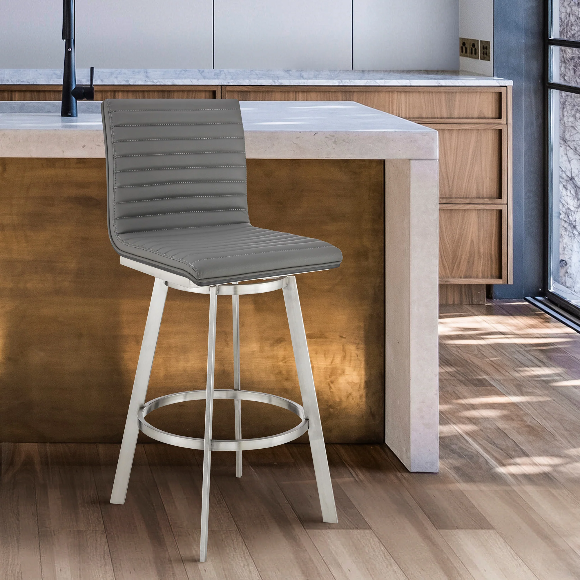 Nikole 26" Counter Height Black Swivel Bar Stool in Brushed Stainless Steel Finish and Gray Faux Leather By Armen Living