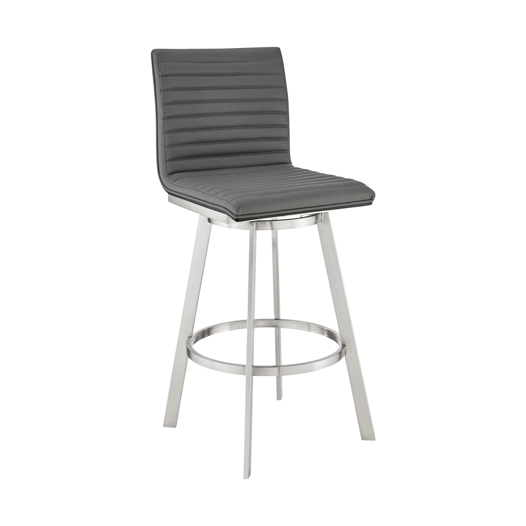 Nikole 26" Counter Height Black Swivel Bar Stool in Brushed Stainless Steel Finish and Gray Faux Leather By Armen Living - Image 2