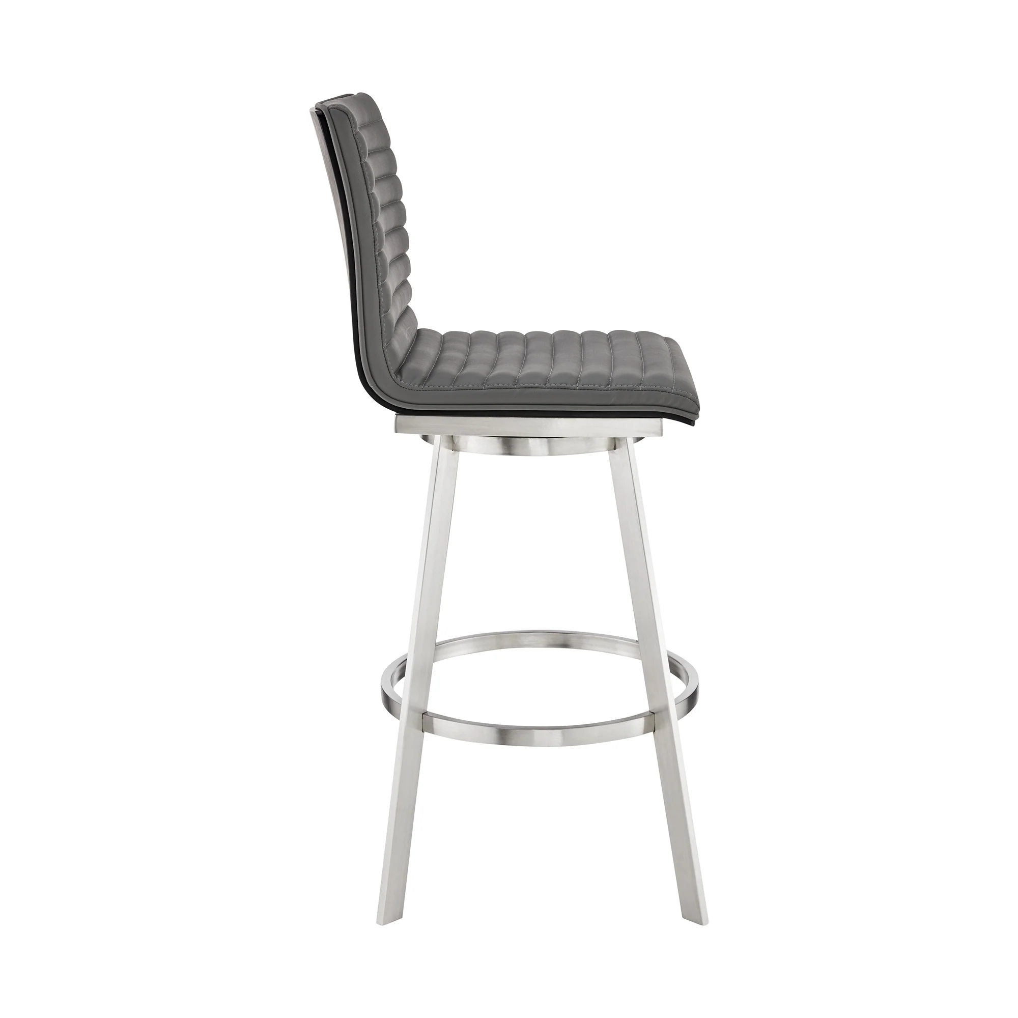 Nikole 26" Counter Height Black Swivel Bar Stool in Brushed Stainless Steel Finish and Gray Faux Leather By Armen Living - Image 4