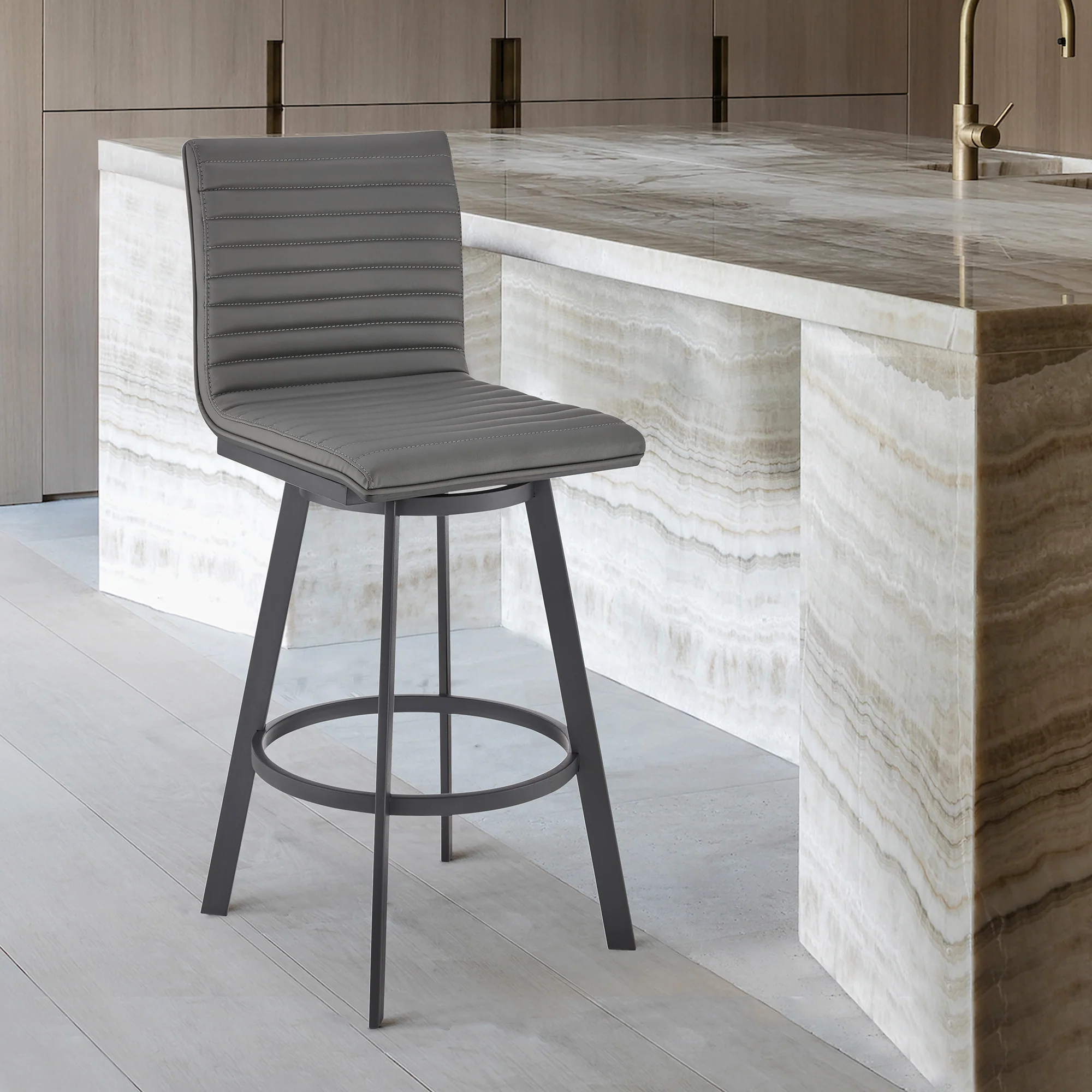 Nikole 30" Bar Height Swivel Bar Stool in Matt Black Finish with Gray Faux Leather By Armen Living