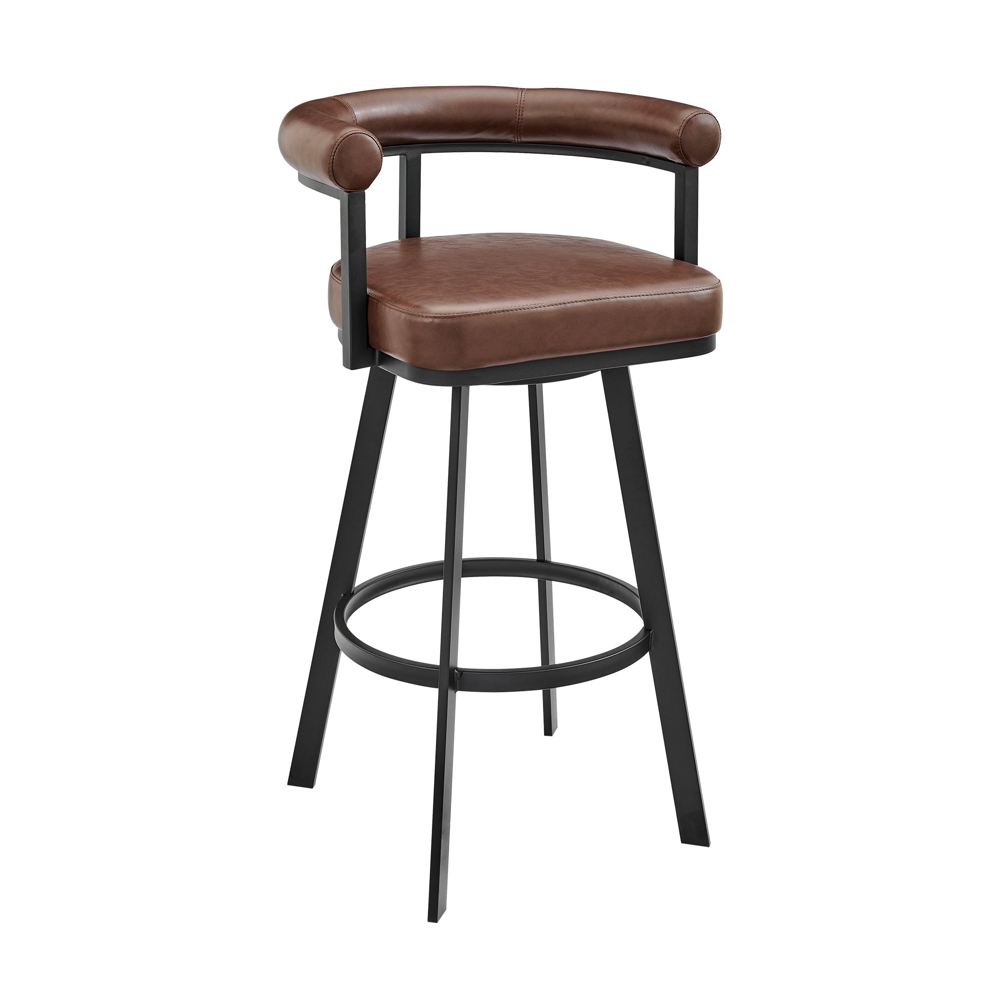 Nolagam Swivel Bar Stool in Black Metal with Brown Faux Leather By Armen Living - Image 2