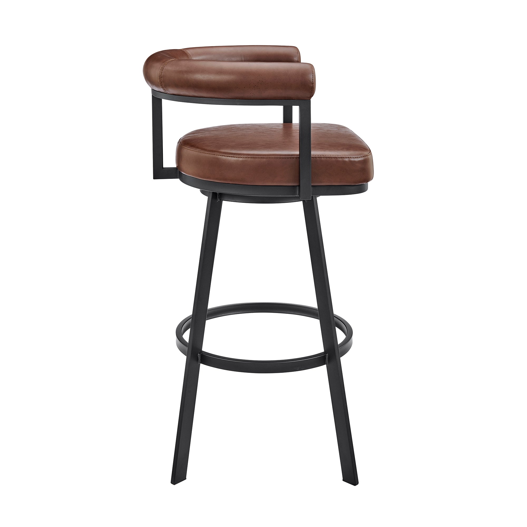 Nolagam Swivel Bar Stool in Black Metal with Brown Faux Leather By Armen Living - Image 4