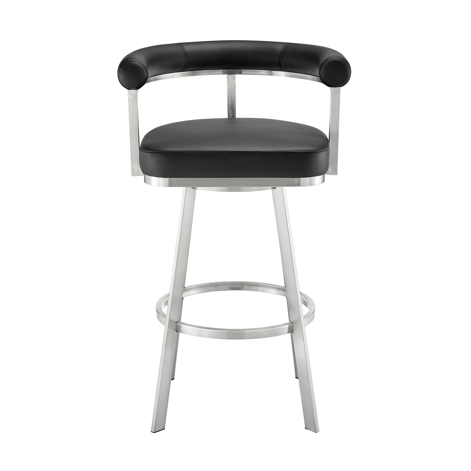 Nolagam Swivel Bar Stool in Brushed Stainless Steel with Black Faux Leather By Armen Living - Image 3