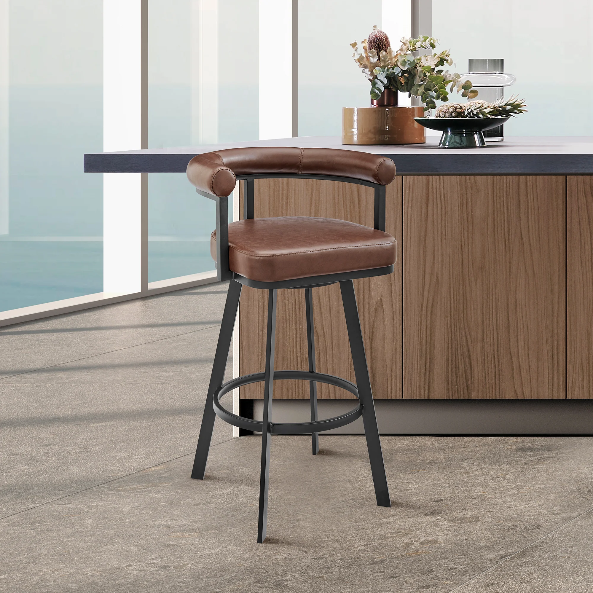Nolagam Swivel Counter Stool in Black Metal with Brown Faux Leather By Armen Living