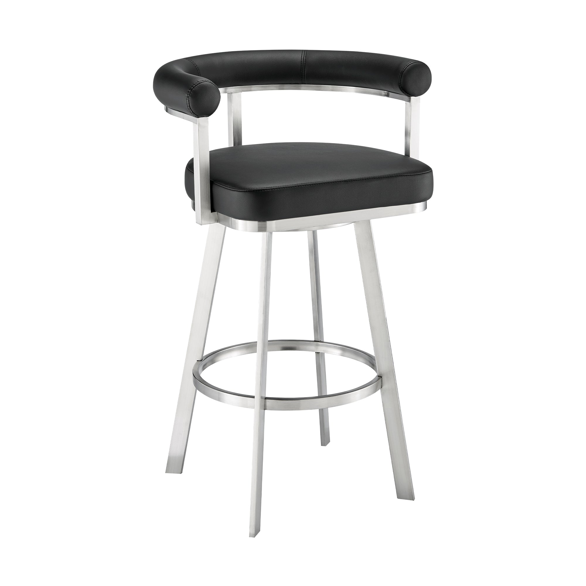 Nolagam Swivel Counter Stool in Brushed Stainless Steel with Black Faux Leather By Armen Living - Image 2