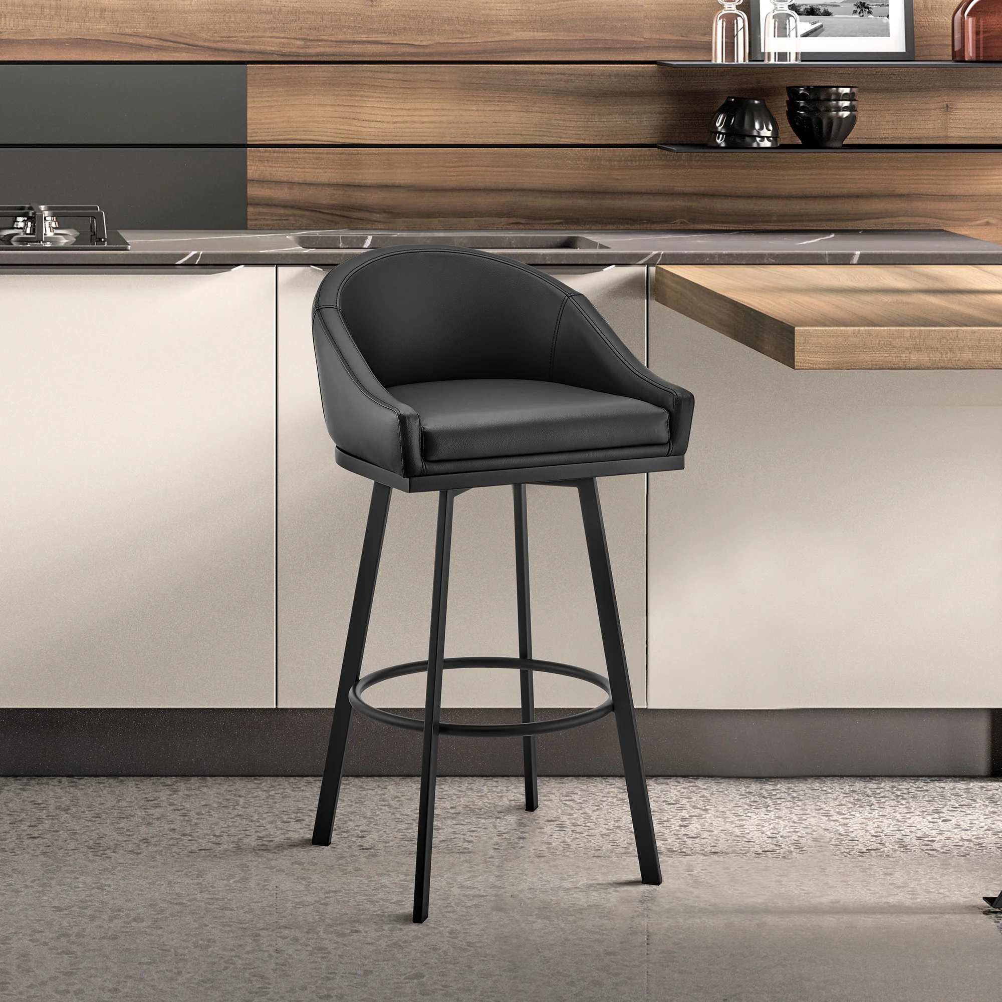 Noran Swivel Bar Stool in Black Metal with Black Faux Leather By Armen Living