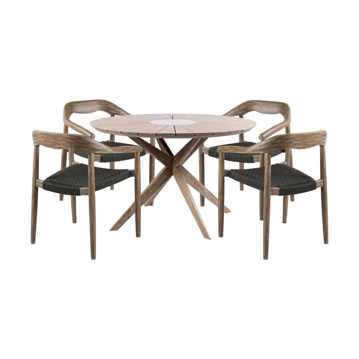 Oasis Santo Outdoor Patio 5 Piece Round Dining Set in Eucalyptus Wood and Charcoal Rope By Armen Living - Image 2
