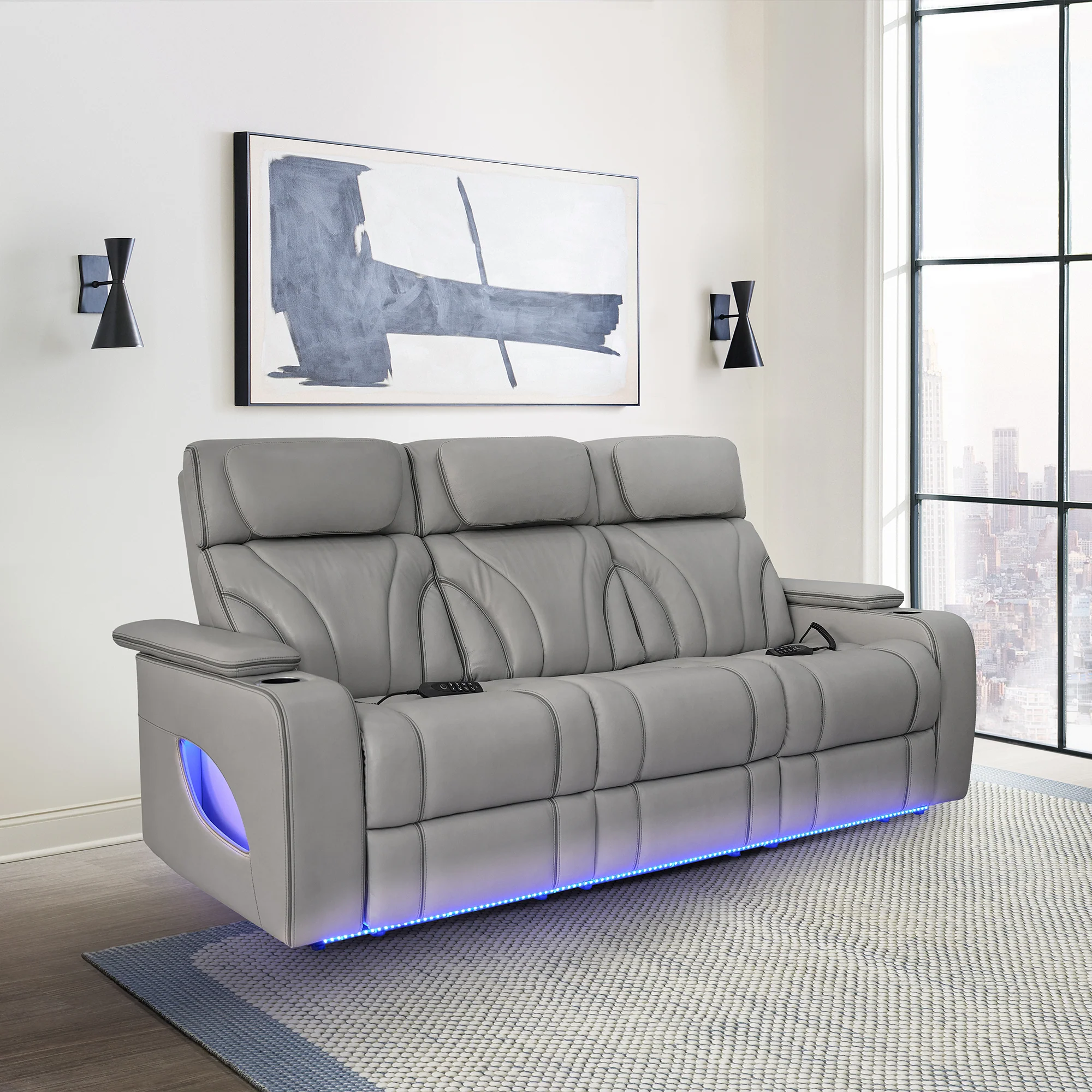Octavia 86" Zero Gravity Power Reclining Sofa with Heat and Massage in Silver and Gray Leather By Armen Living
