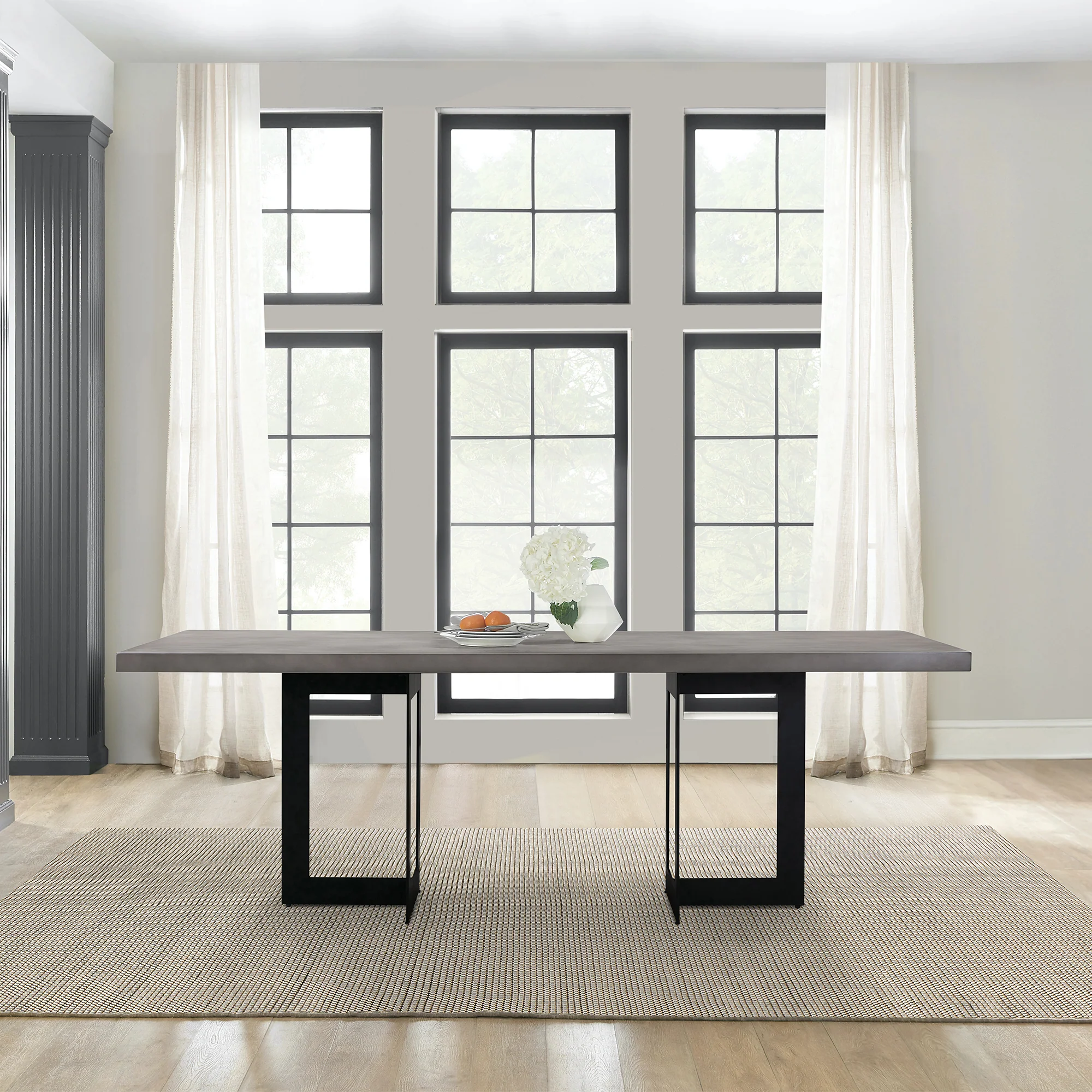 Odet Rectangular 87" Dining Table in Concrete and Black Metal By Armen Living