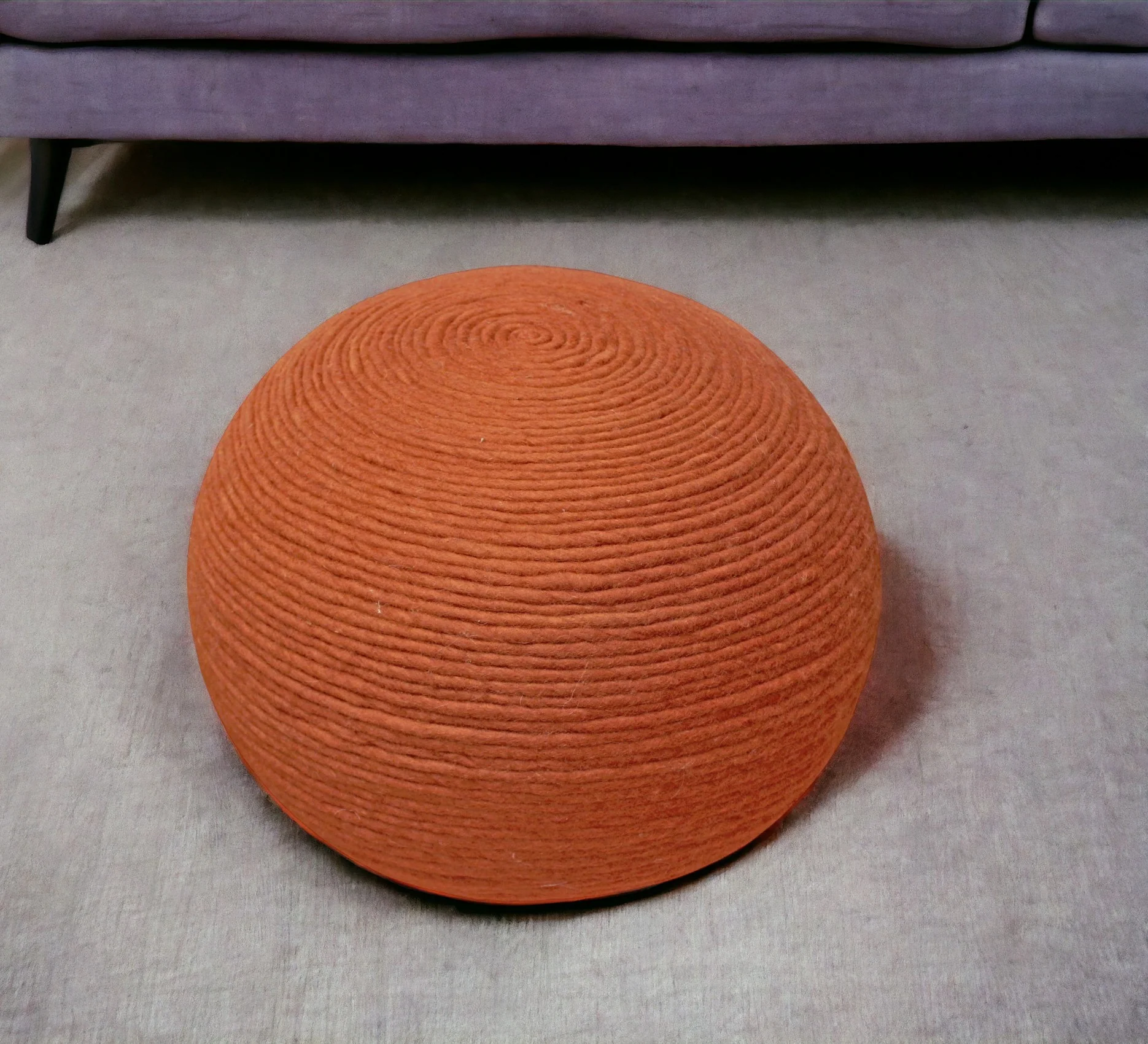 Orange Wool Round Ribbed Pouf Ottoman By Homeroots
