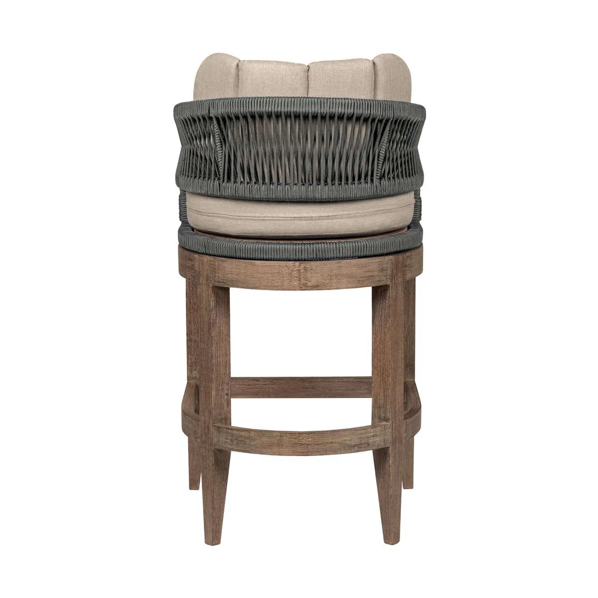Orbit Outdoor Patio 30" Bar Stool in Weathered Eucalyptus Wood with Gray Rope and Taupe Olefin Cushions By Armen Living - Image 4
