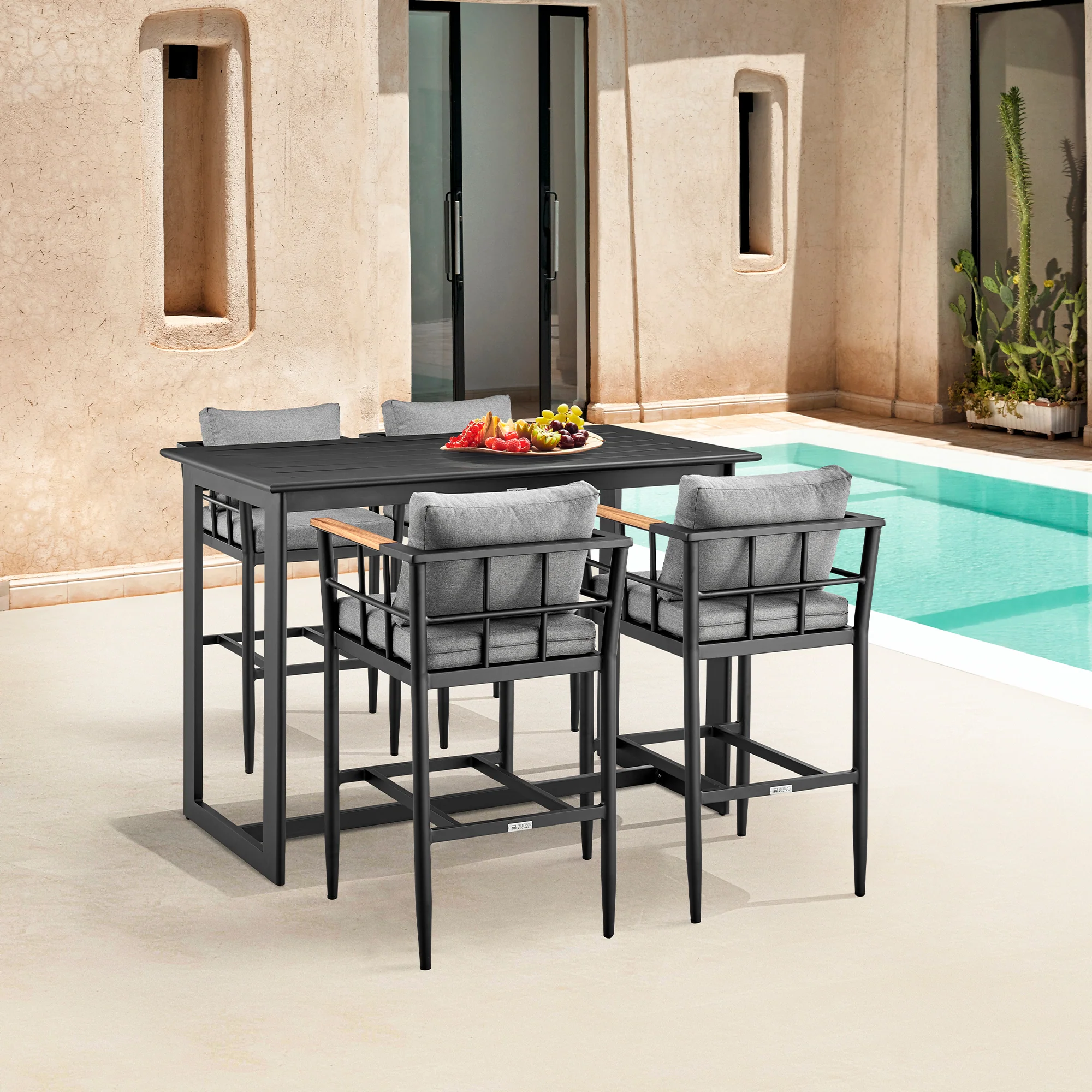 Orlando Outdoor Patio 5-Piece Bar Table Set in Aluminum with Gray Cushions By Armen Living