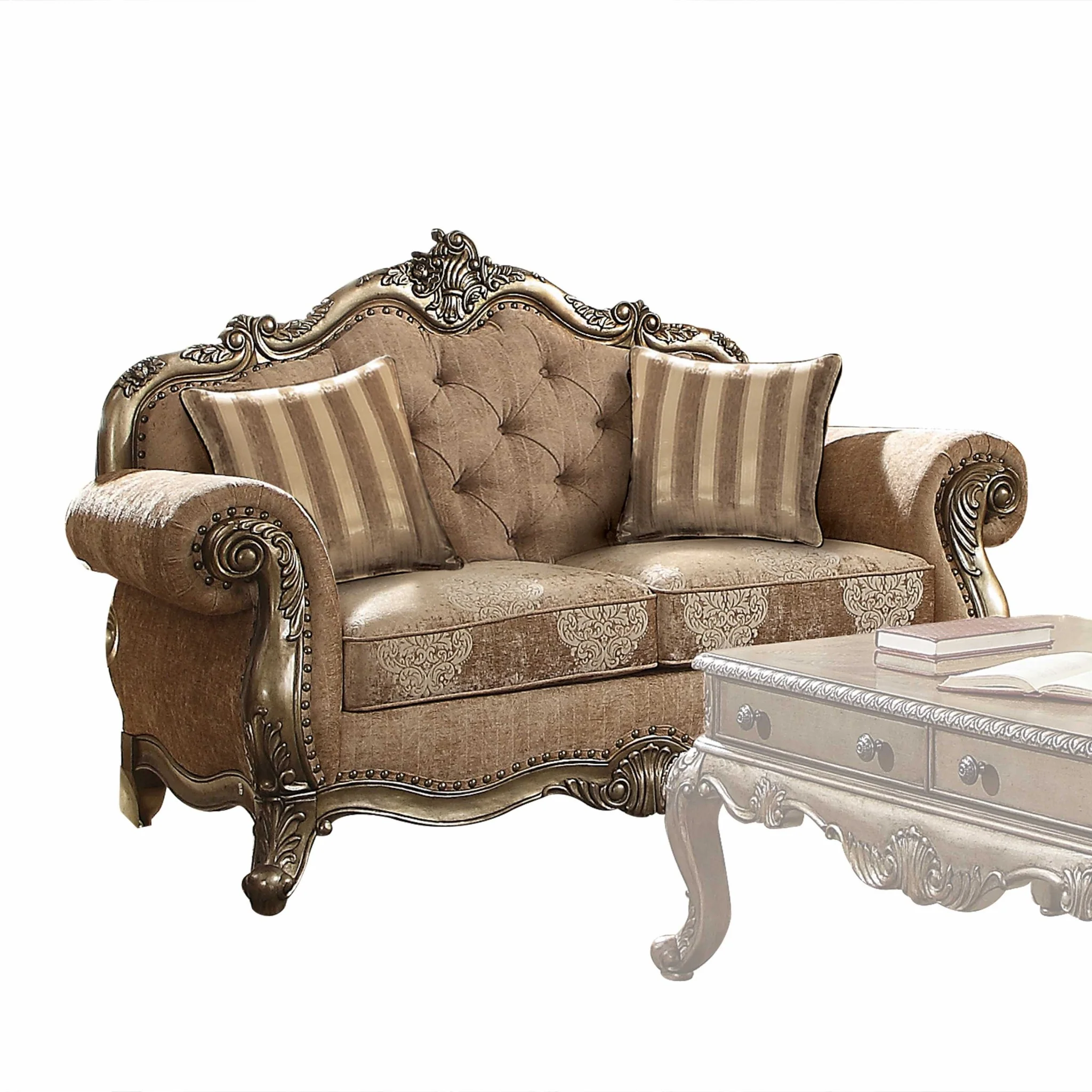 Ornate Vintage Look Velvet and Oak Loveseat By Homeroots