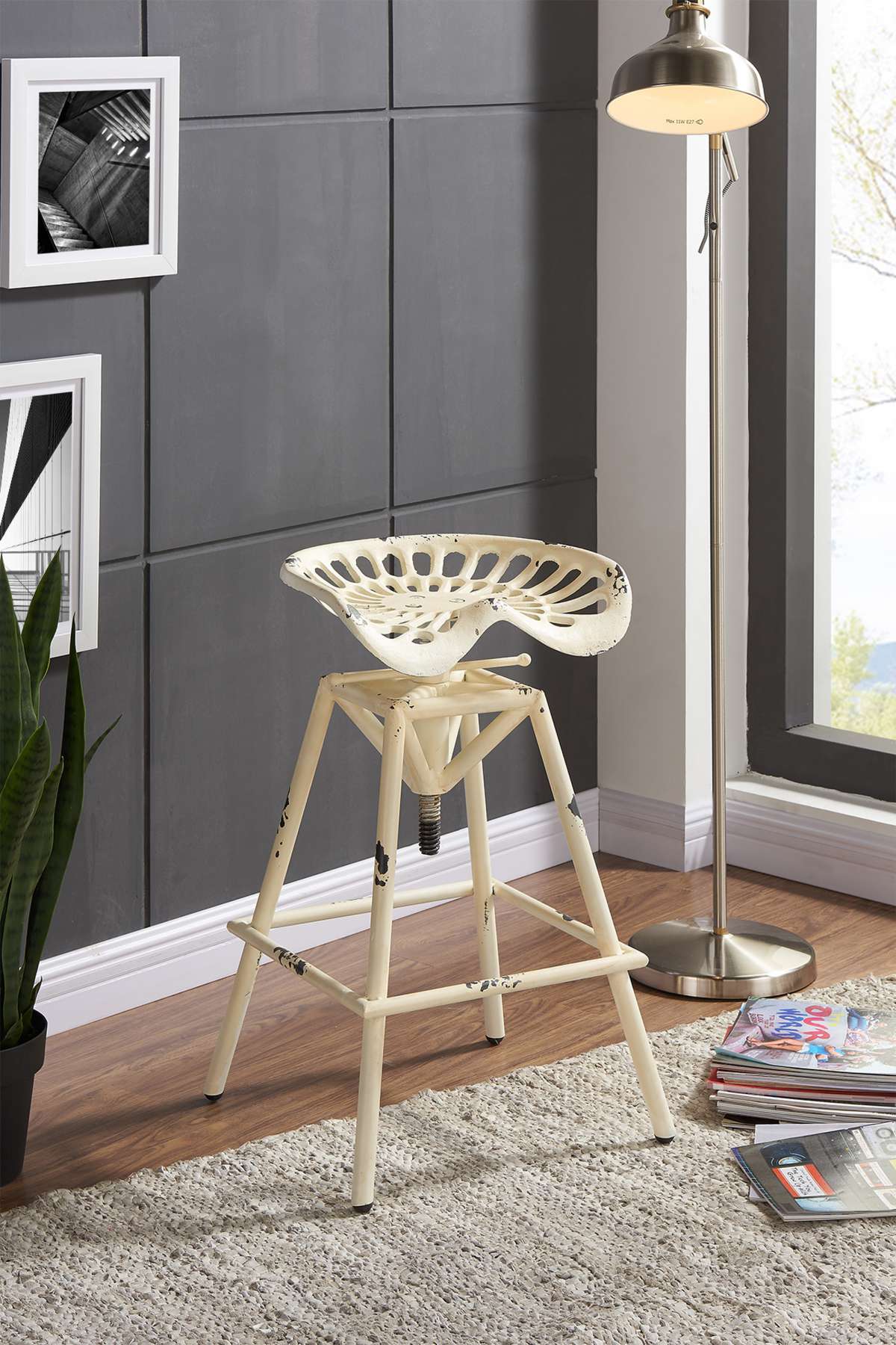 Osbourne Adjustable Industrial Metal Barstool in Antique White finish By Armen Living