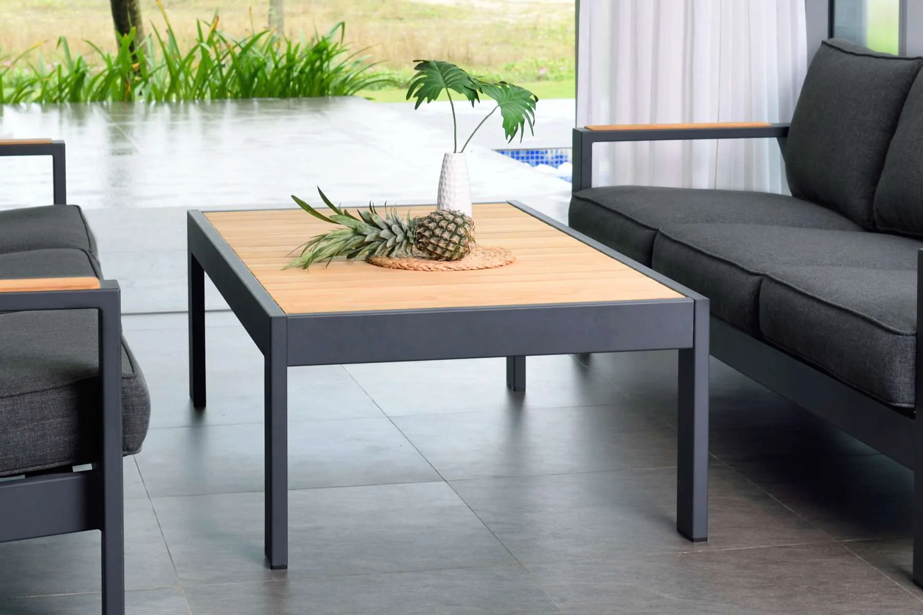 Palau Outdoor Coffee Table in Dark Grey with Natural Teak Wood Top By Armen Living