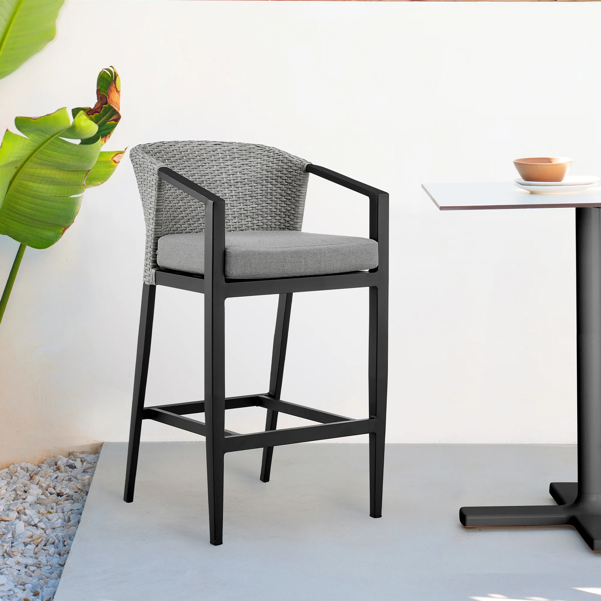 Palma Outdoor Patio Bar Stool in Aluminum and Wicker with Gray Cushions By Armen Living