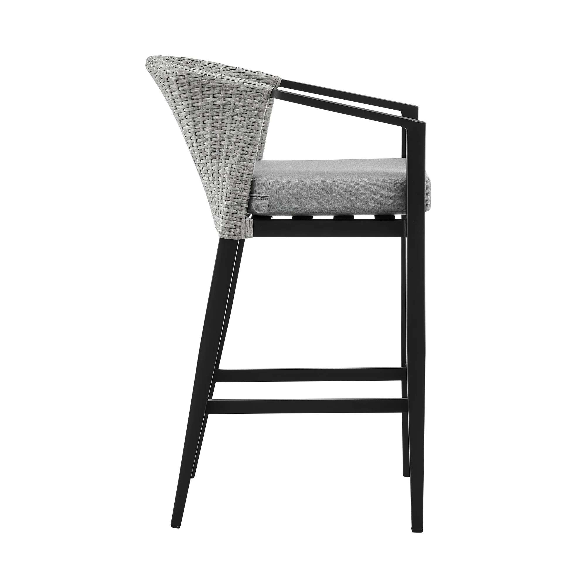Palma Outdoor Patio Bar Stool in Aluminum and Wicker with Gray Cushions By Armen Living - Image 5