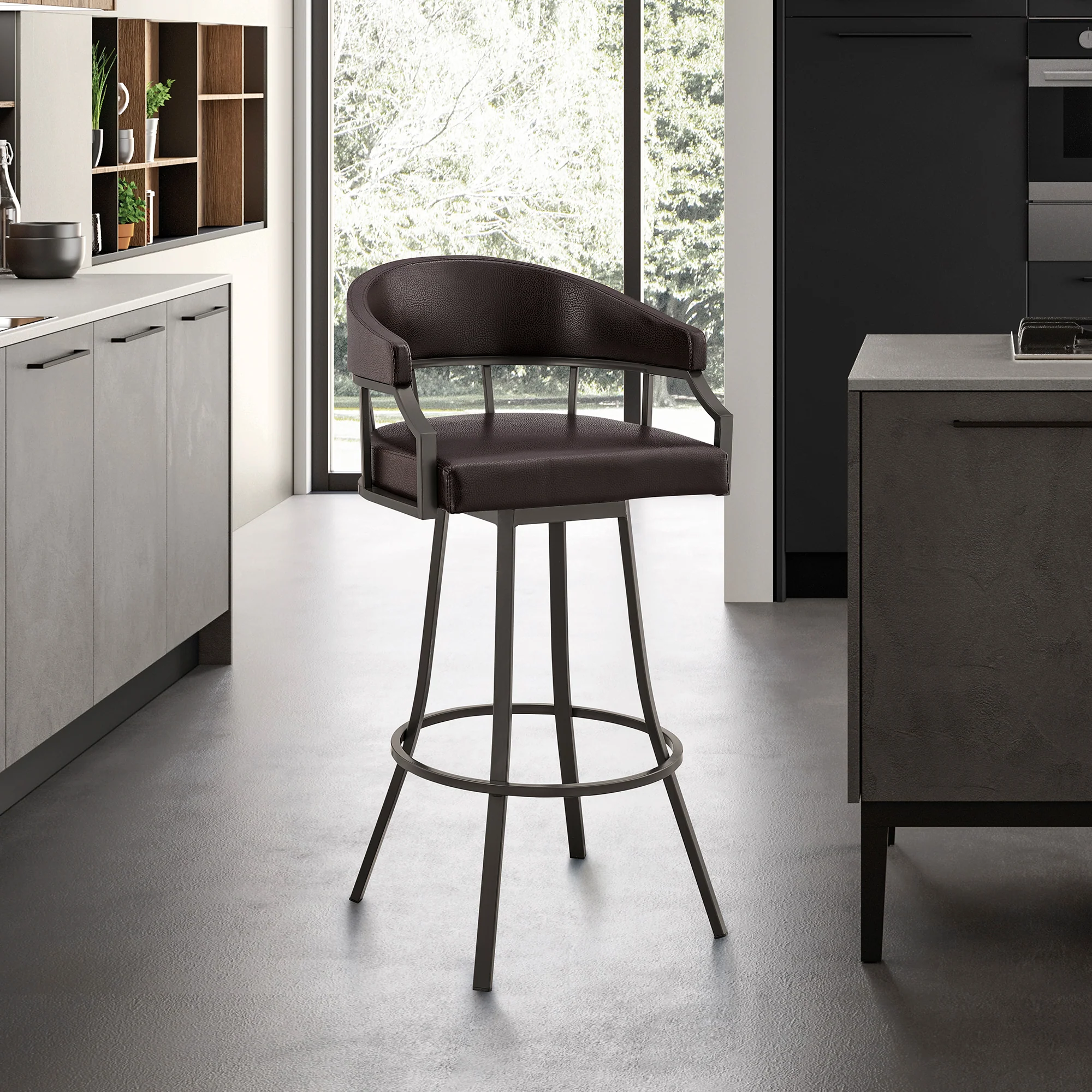 Palmdale 30" Swivel Brown Faux Leather and Java Brown Metal Bar Stool By Armen Living