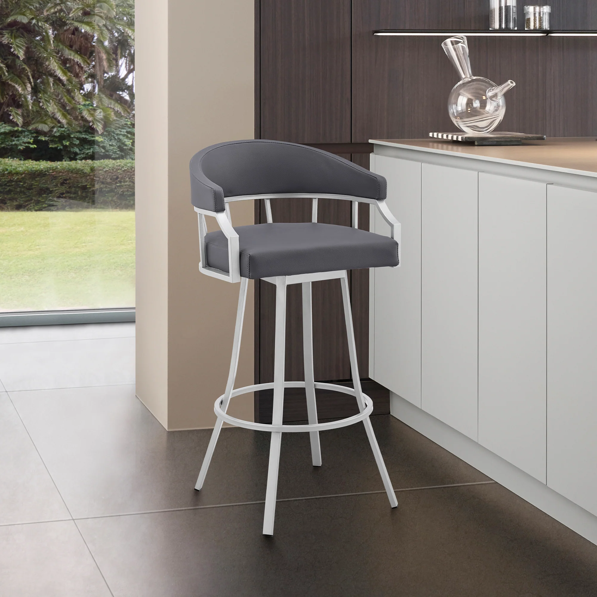 Palmdale 30" Swivel Slate Grey Faux Leather and Silver Metal Bar Stool By Armen Living