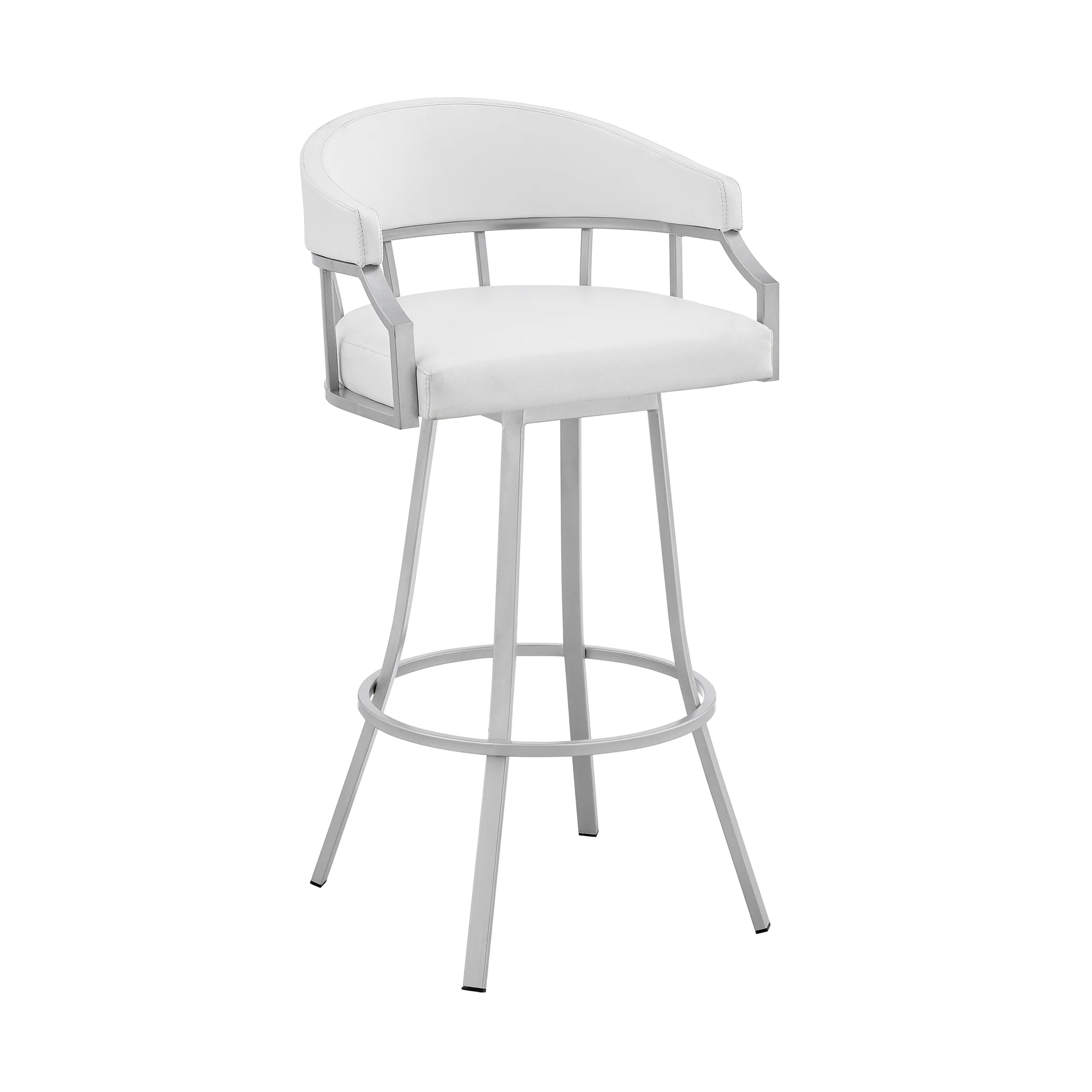 Palmdale 30" Swivel White Faux Leather and Silver Metal Bar Stool By Armen Living - Image 2