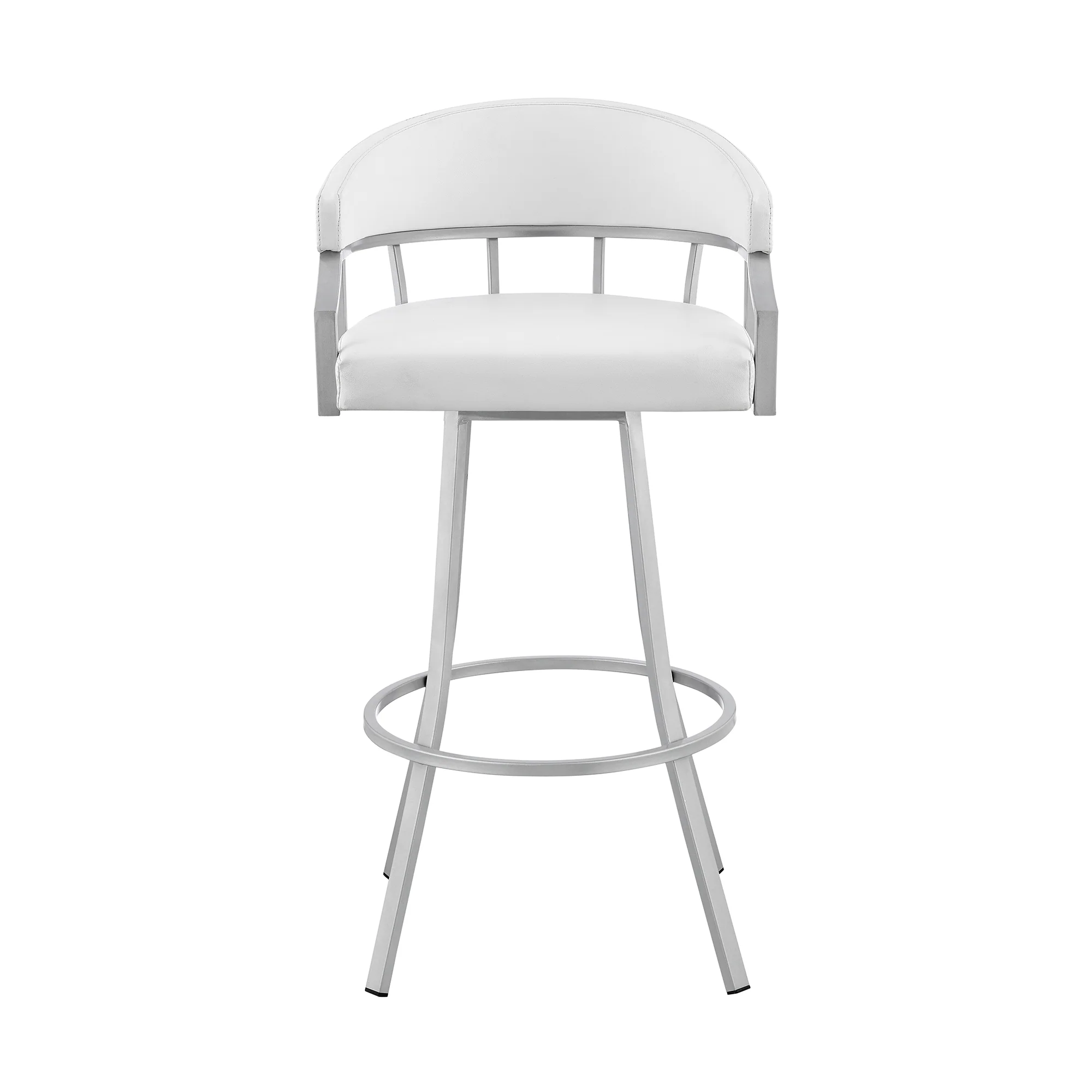 Palmdale 30" Swivel White Faux Leather and Silver Metal Bar Stool By Armen Living - Image 3