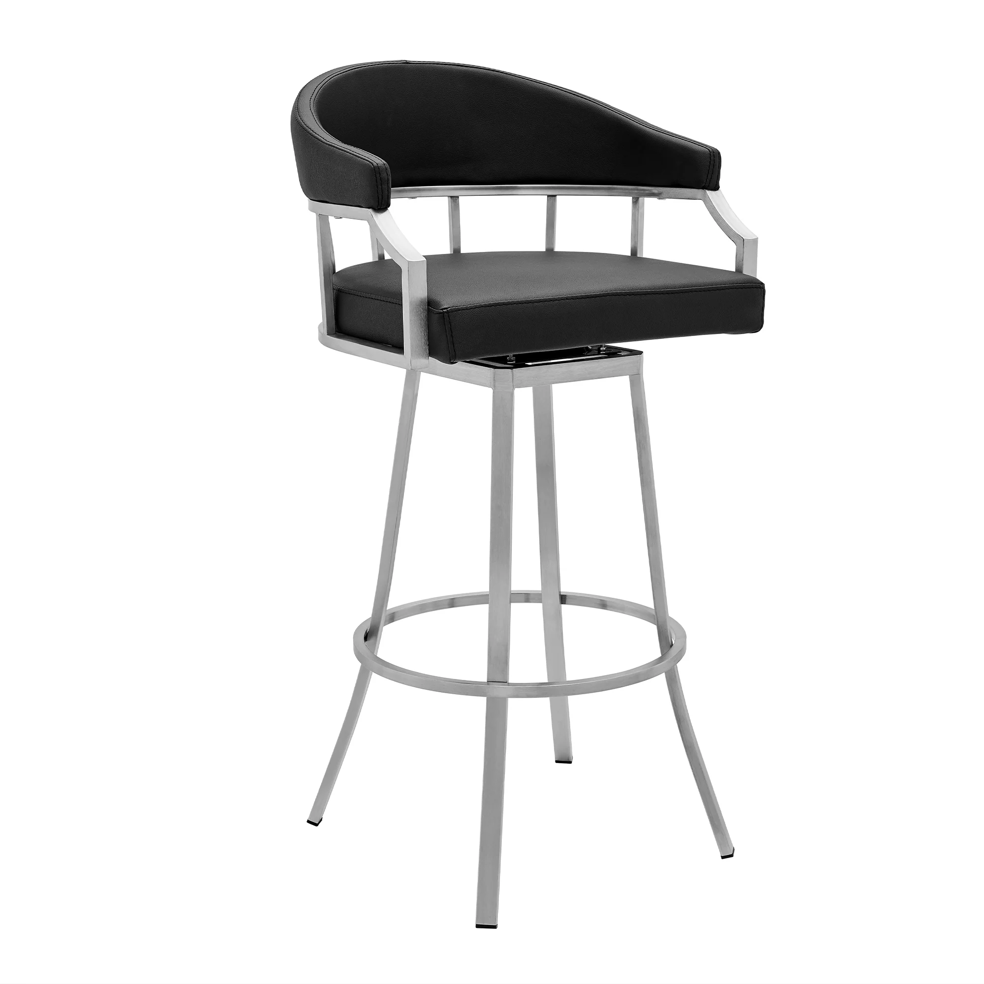Palmdale Swivel Modern Black Faux Leather 30" Barstool in Brushed Stainless Steel Finish By Armen Living - Image 2