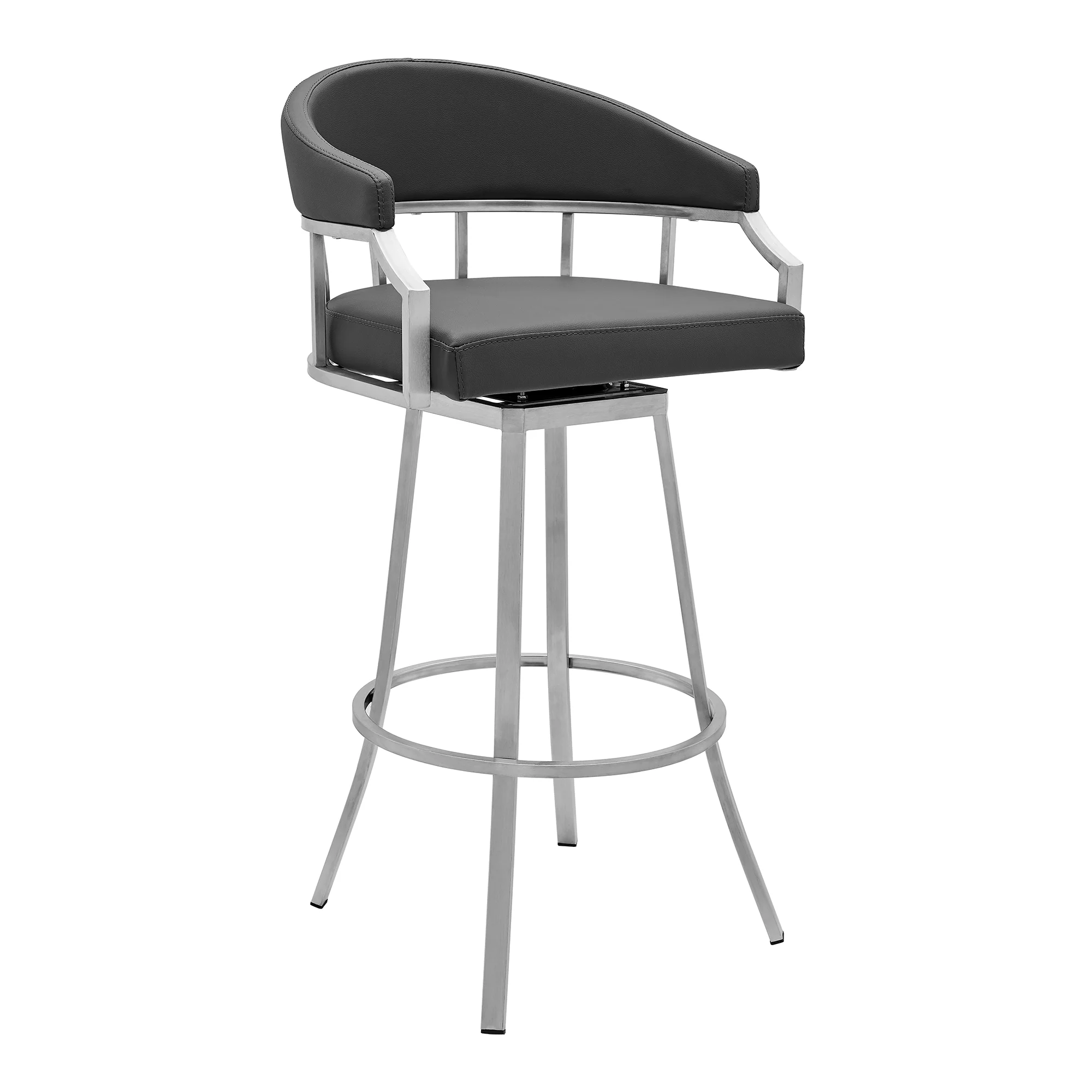Palmdale Swivel Modern Slate Grey Faux Leather 30" Barstool in Brushed Stainless Steel Finish By Armen Living - Image 2