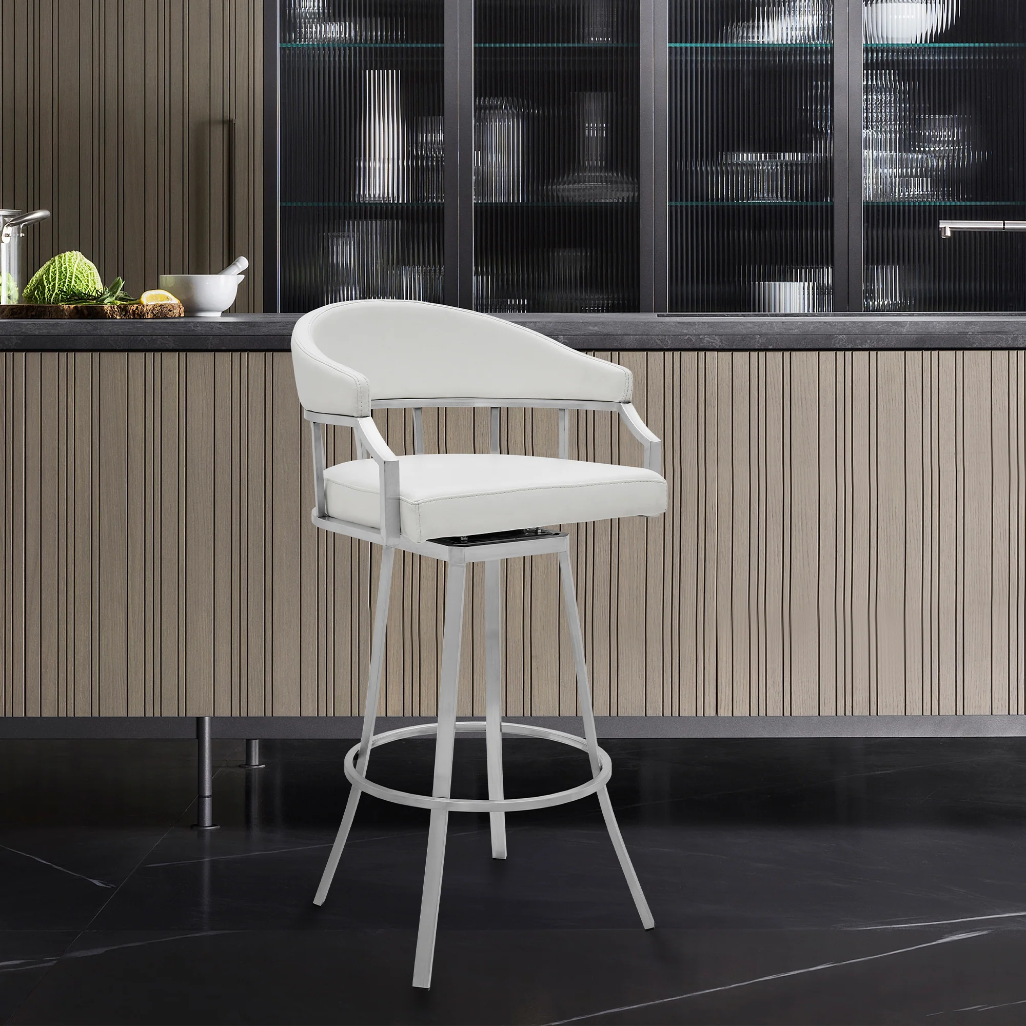 Palmdale Swivel Modern White Faux Leather 30" Barstool in Brushed Stainless Steel Finish By Armen Living