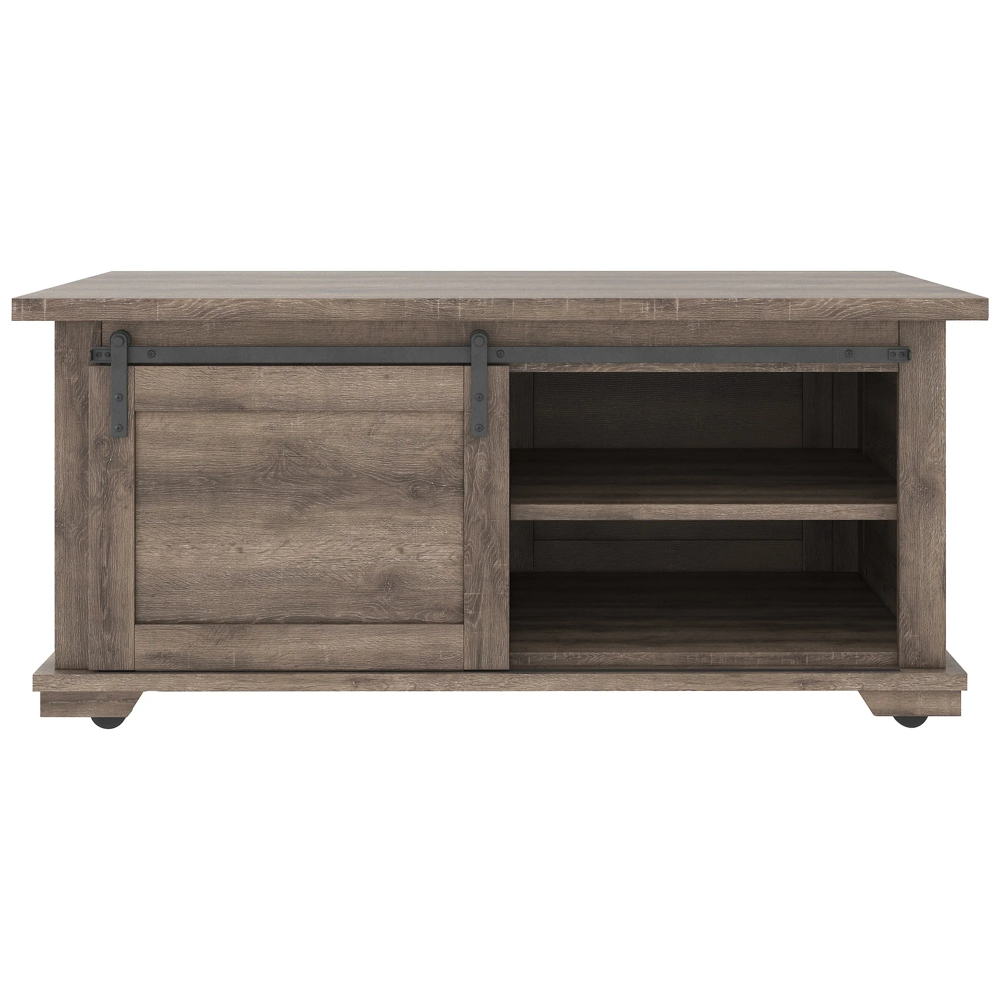 Panel Design Wooden Cocktail Table With Barn Sliding Door And Casters,Brown By Benzara