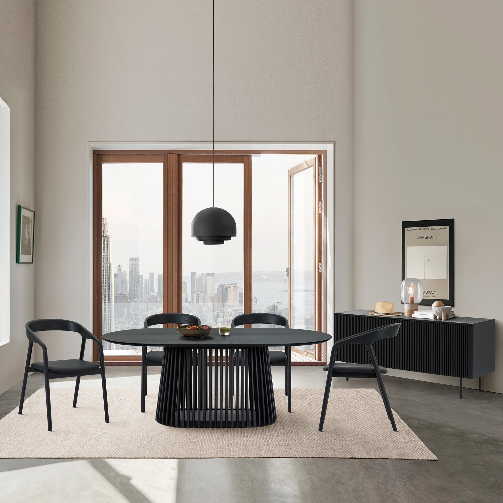 Pasadena Apache 6 Piece Oval Dining Set with Buffet in Black Oak Finish with Faux Leather By Armen Living