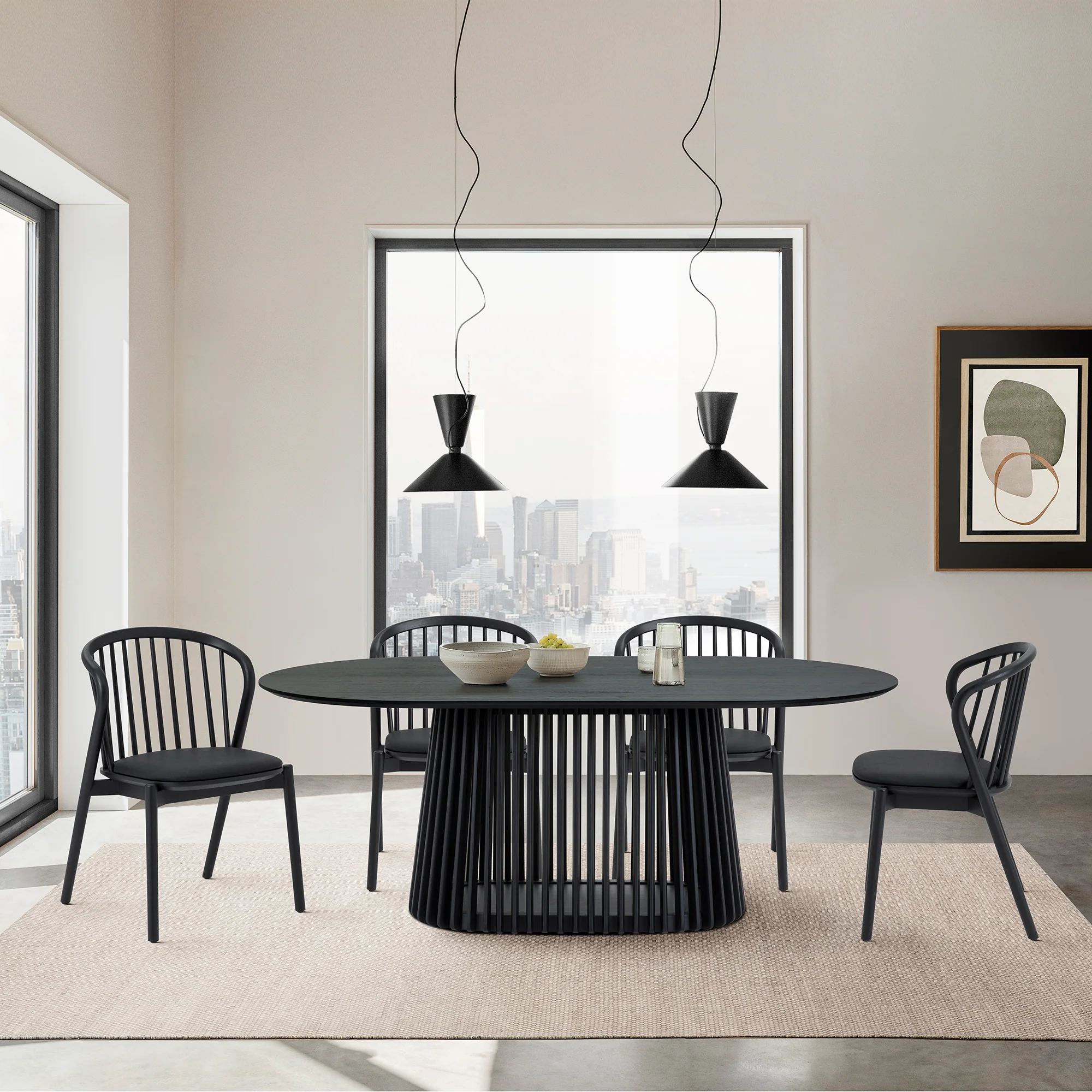 Pasadena Echo 5 Piece Oval Dining Set in Black Oak Finish with Black Faux Leather By Armen Living