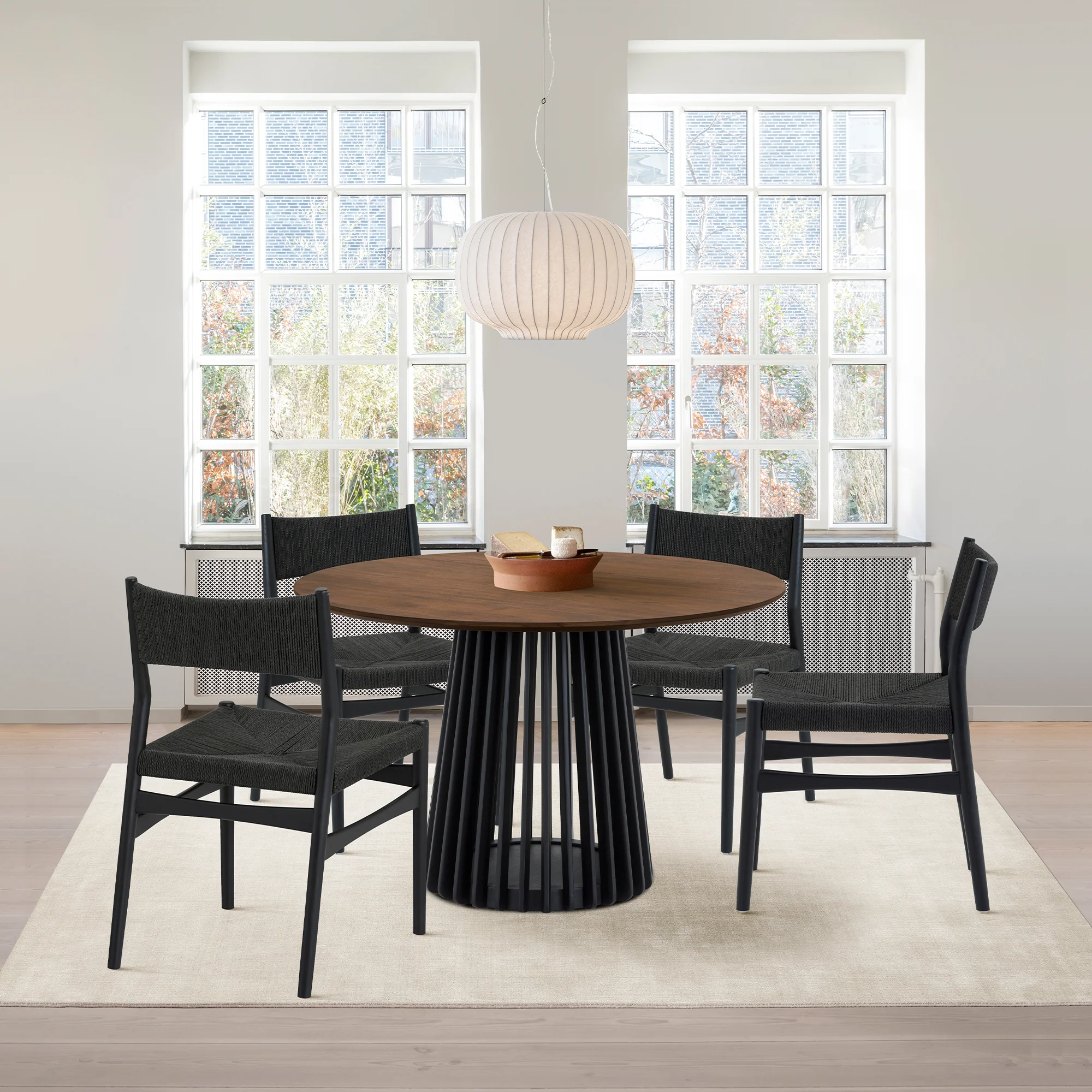 Pasadena Erie 5 Piece Round Dining Set in Walnut and Black Finish with Paper Cord Chairs By Armen Living