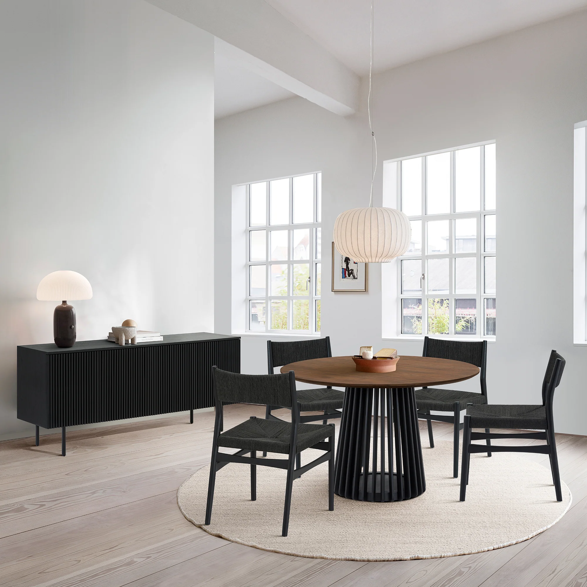 Pasadena Erie 6 Piece Round Dining Set with Buffet and Paper Cord Chairs in Black Finish with Walnut Finish Table Top By Armen Living