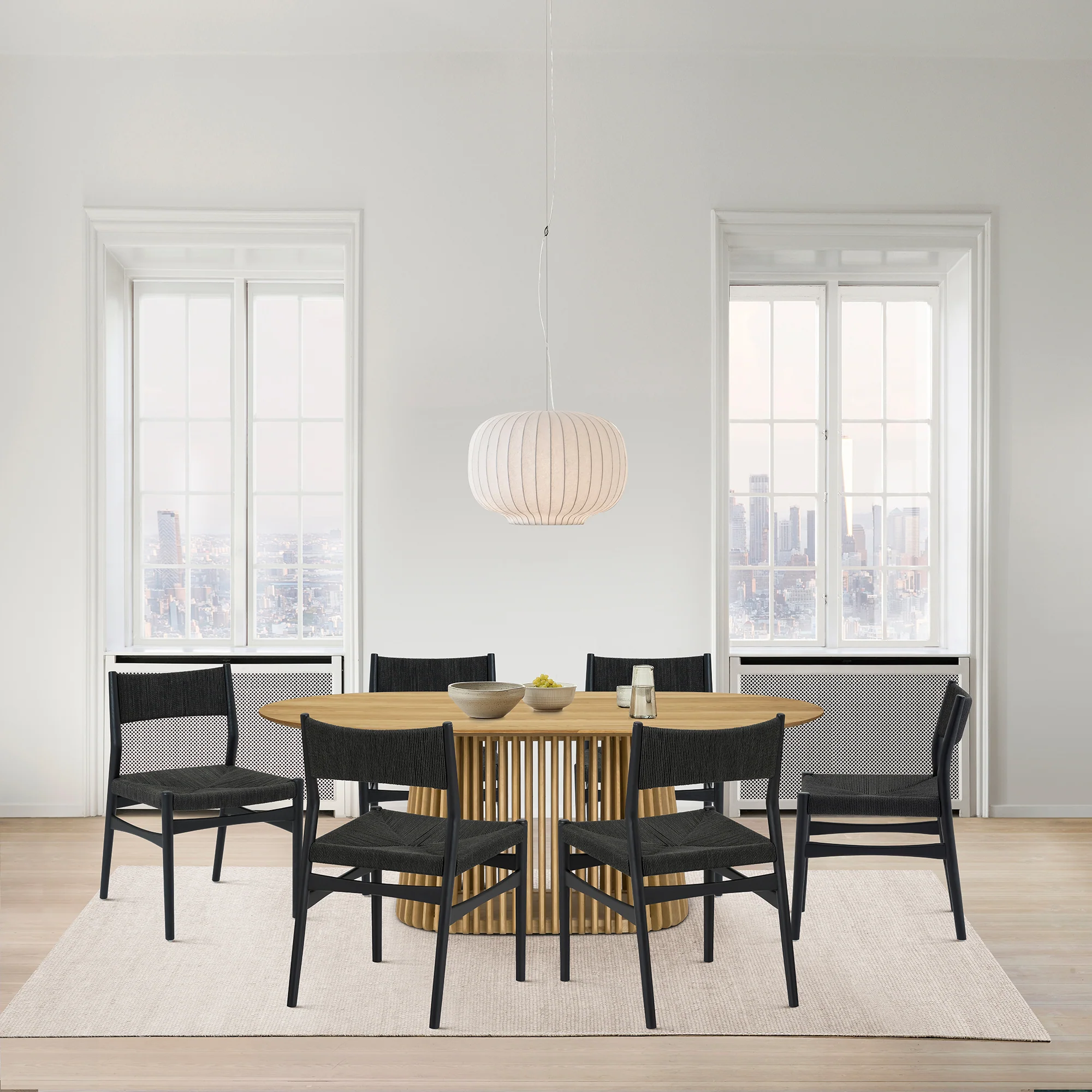 Pasadena Erie 7 Piece Oval Dining Set in Natural Oak Finish with Black Paper Cord Chairs By Armen Living