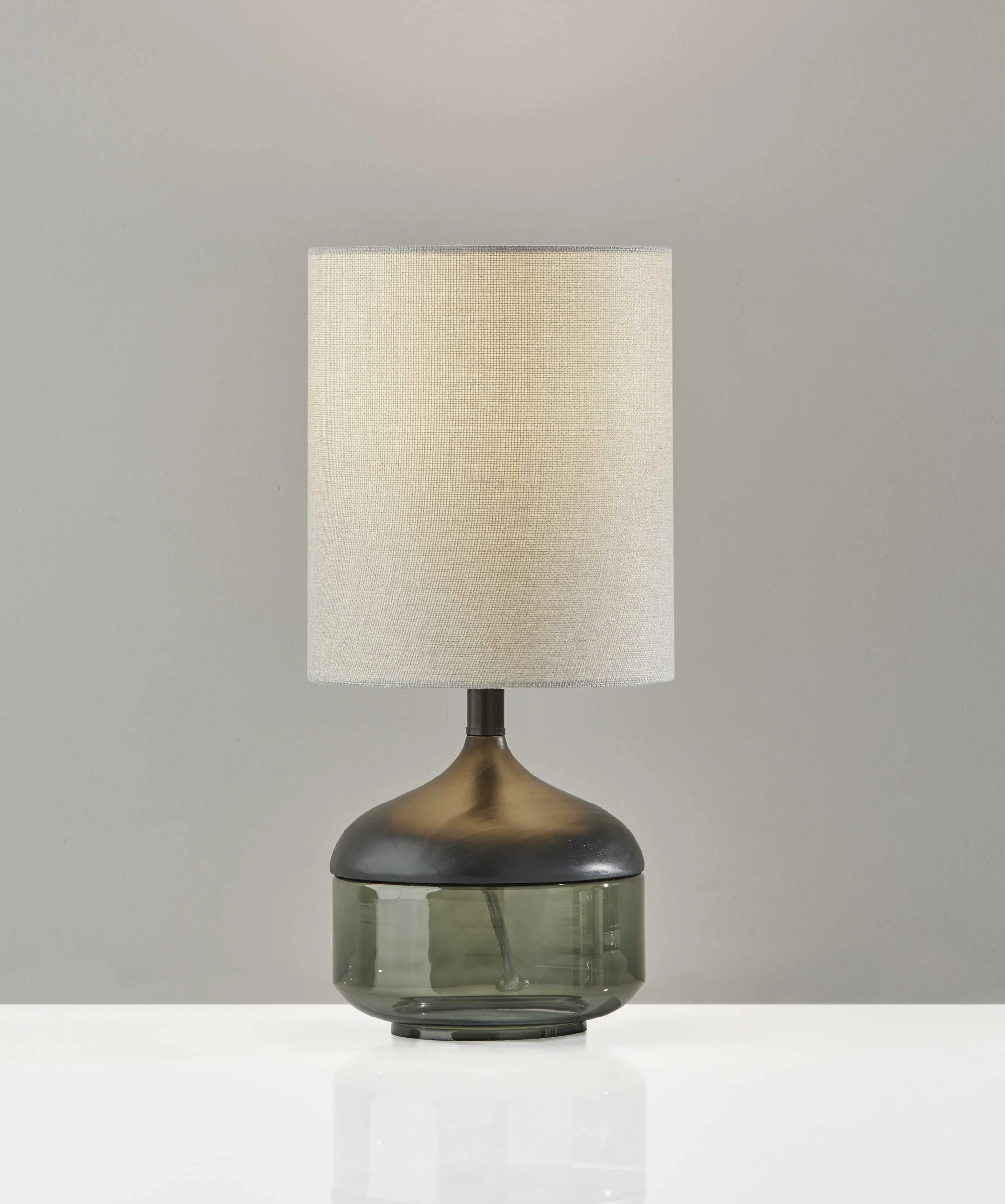 Petite Black Wood Smoked Glass Base with Lightly Textured Round Shade Table Lamp By Homeroots