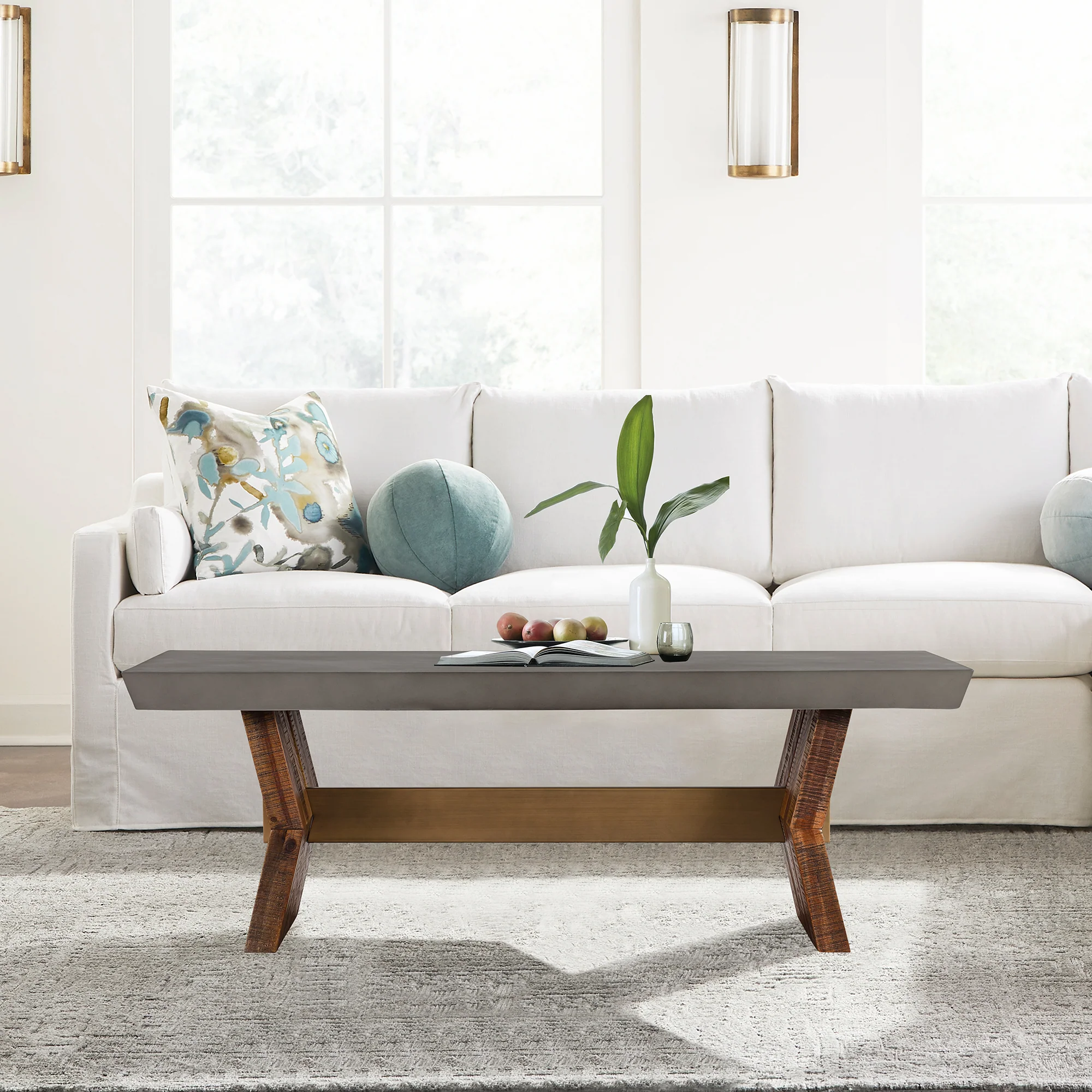Picadilly Rectangle Coffee Table in Acacia Wood and Concrete By Armen Living