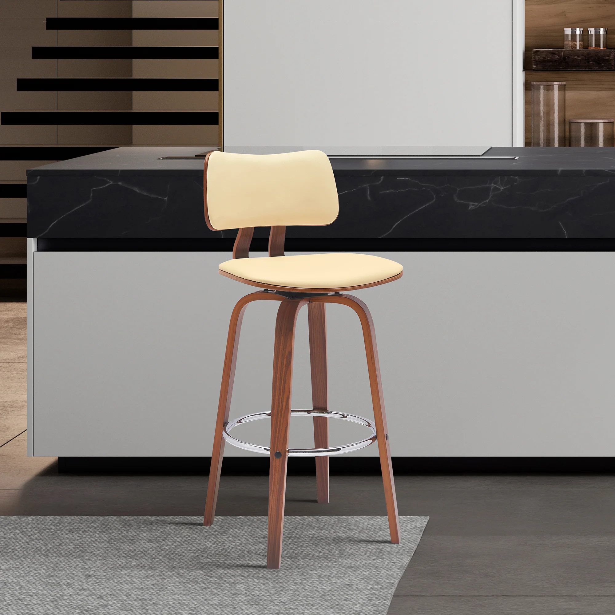 Pico 26" Swivel Walnut Wood Counter Stool in Gray Faux Leather with Chrome By Armen Living - Image 9