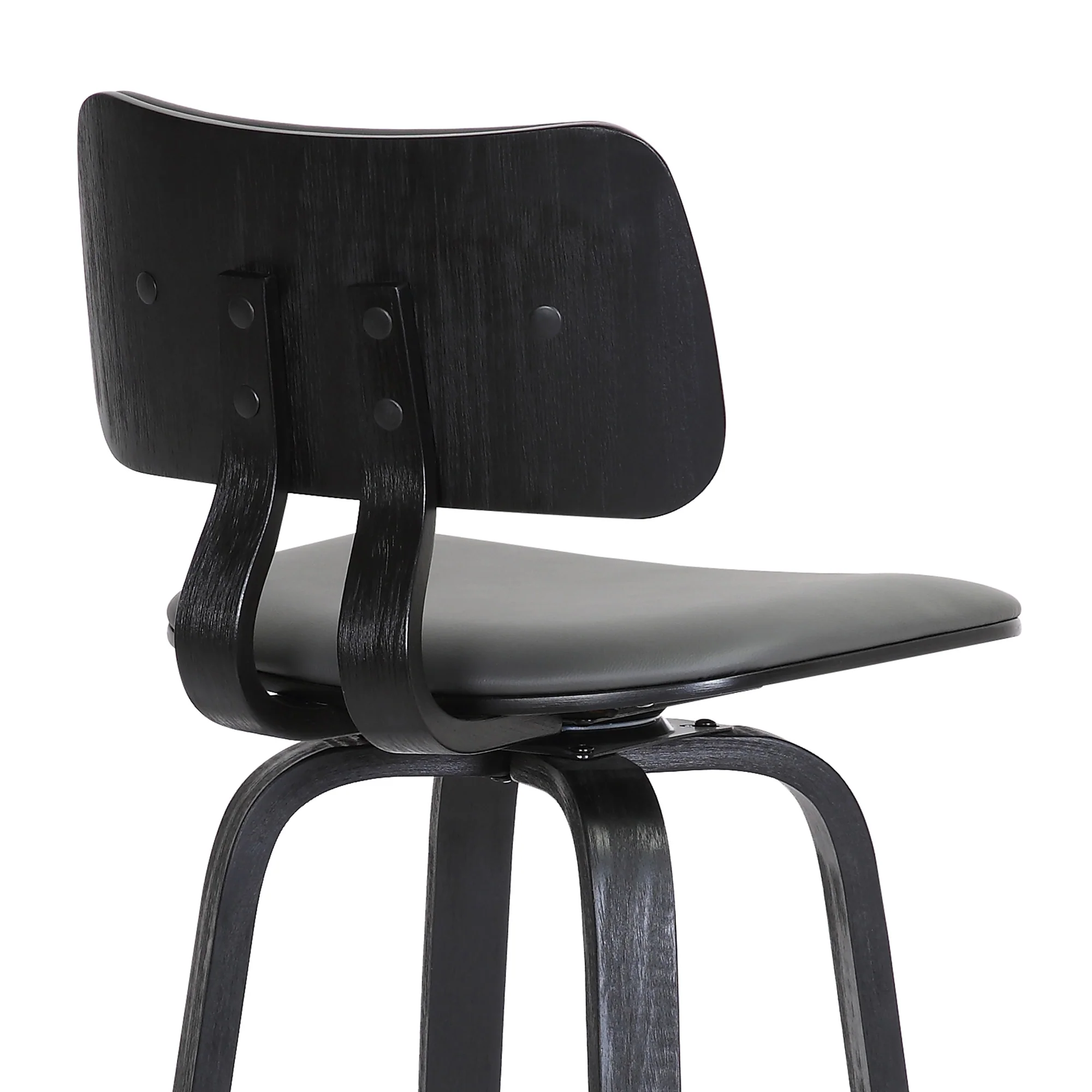 Pico 30" Swivel Black Wood Bar Stool in Grey Faux Leather with Black Metal By Armen Living - Image 10