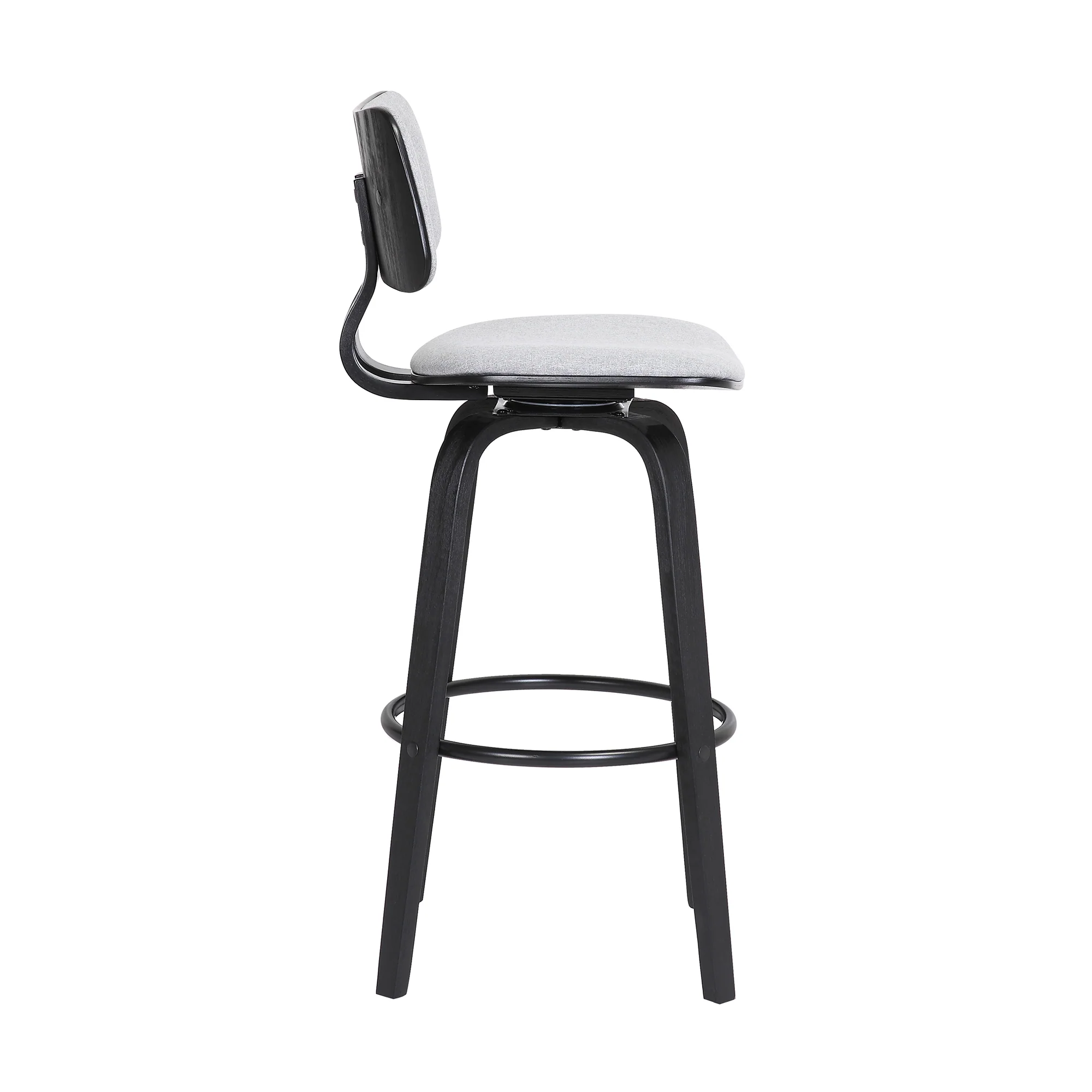 Pico 30" Swivel Black Wood Bar Stool in Grey Faux Leather with Black Metal By Armen Living - Image 14