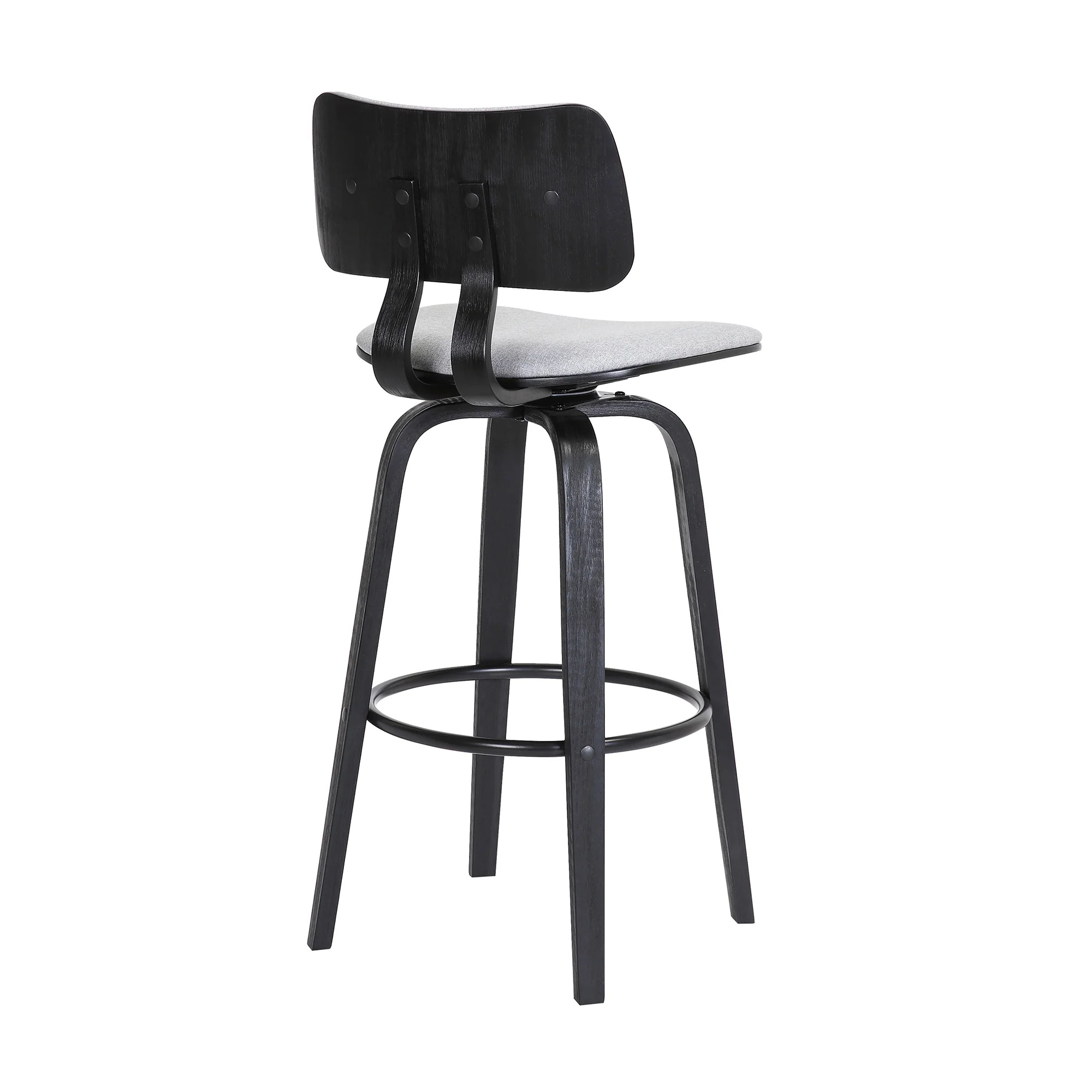 Pico 30" Swivel Black Wood Bar Stool in Grey Faux Leather with Black Metal By Armen Living - Image 15