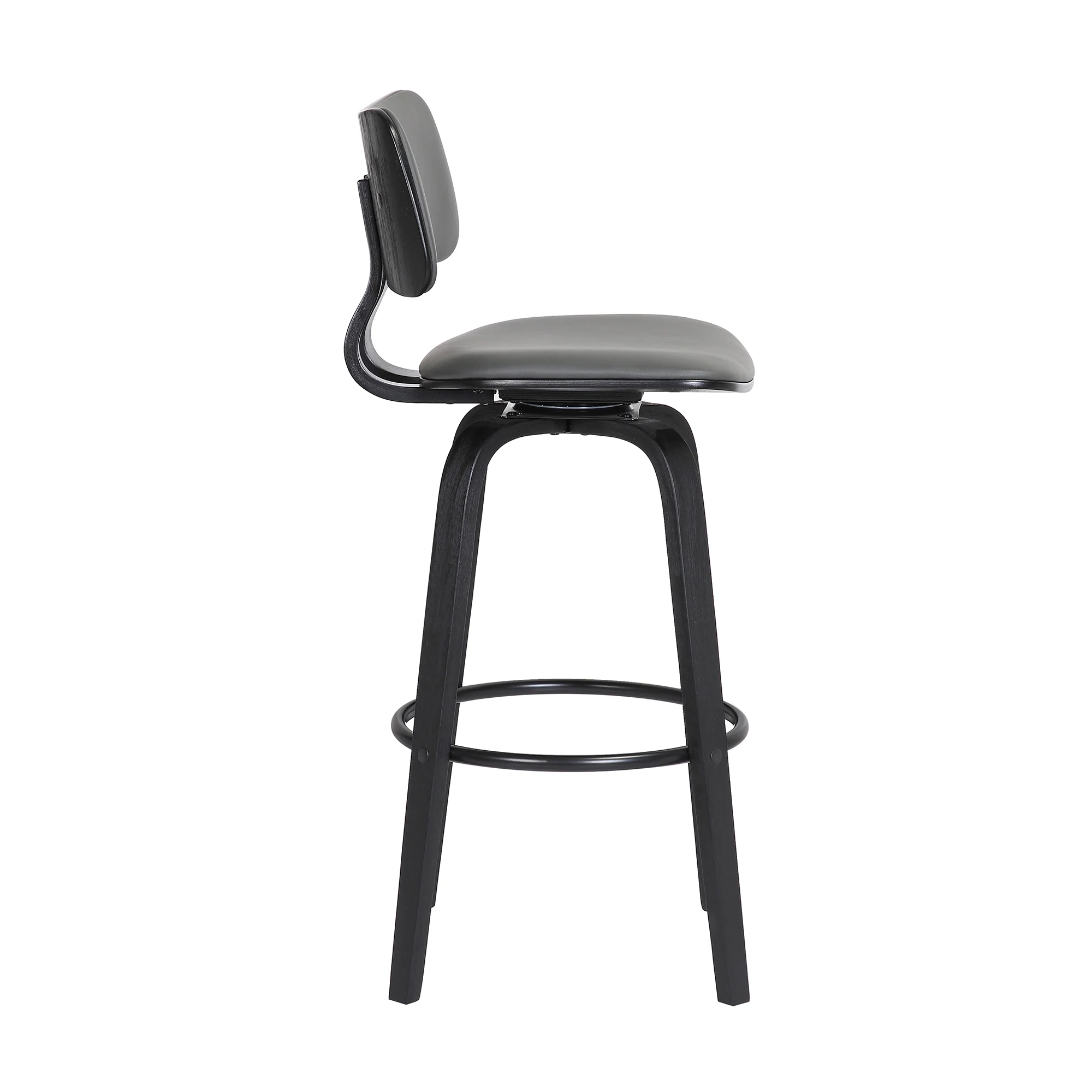 Pico 30" Swivel Black Wood Bar Stool in Grey Faux Leather with Black Metal By Armen Living - Image 4