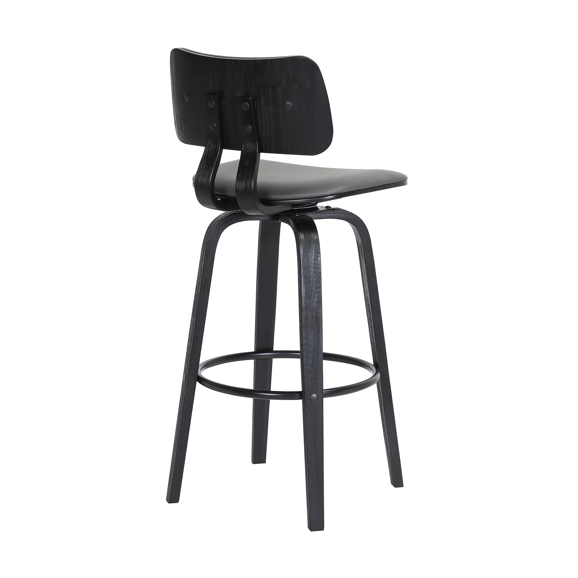 Pico 30" Swivel Black Wood Bar Stool in Grey Faux Leather with Black Metal By Armen Living - Image 5