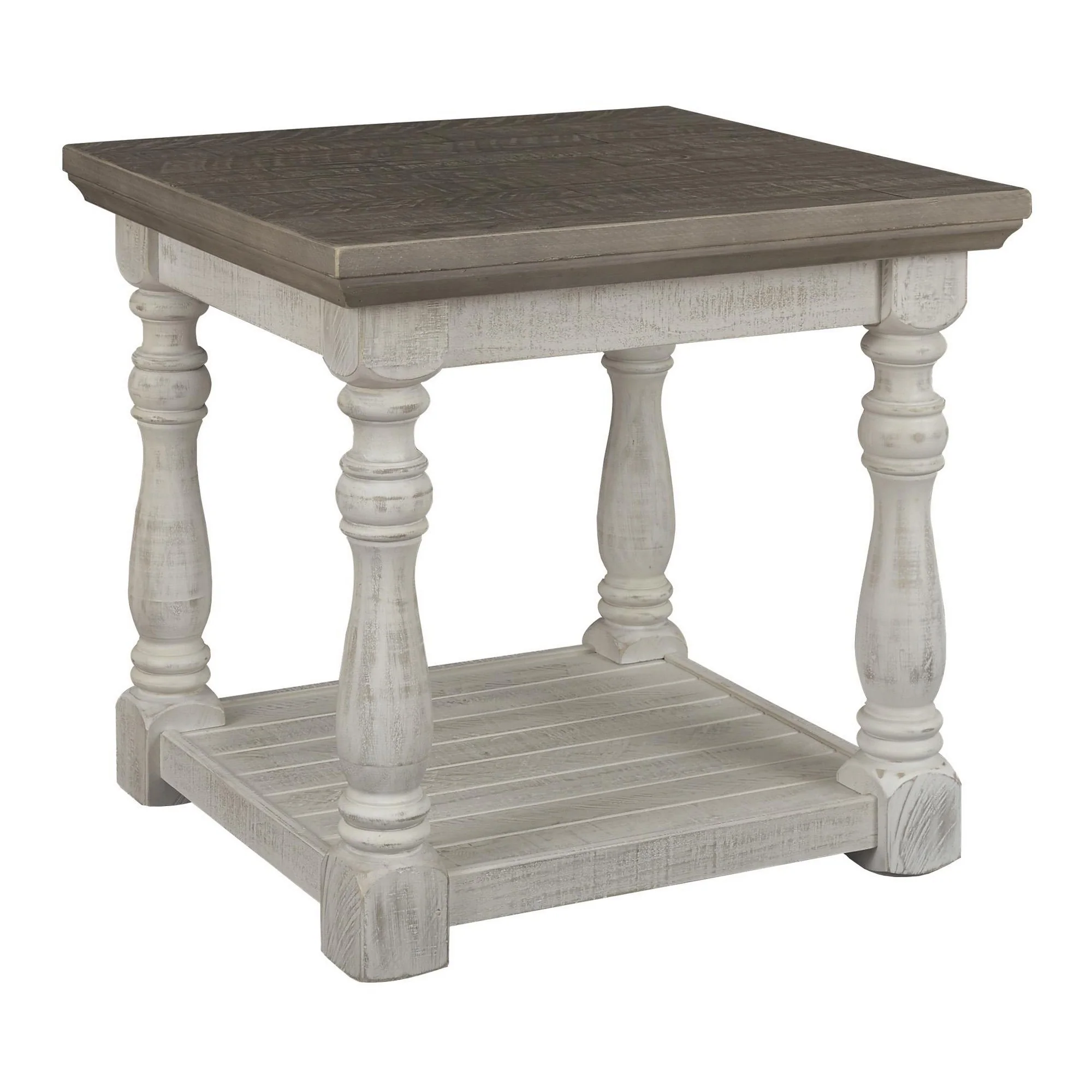 Plank Style End Table With Turned Legs And Open Shelf, White And Gray By Benzara
