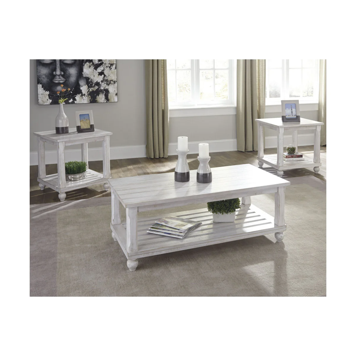 Plank Style Wooden Table Set with Slatted Lower Shelf and Bun Feet, Set of Three, White By Benzara
