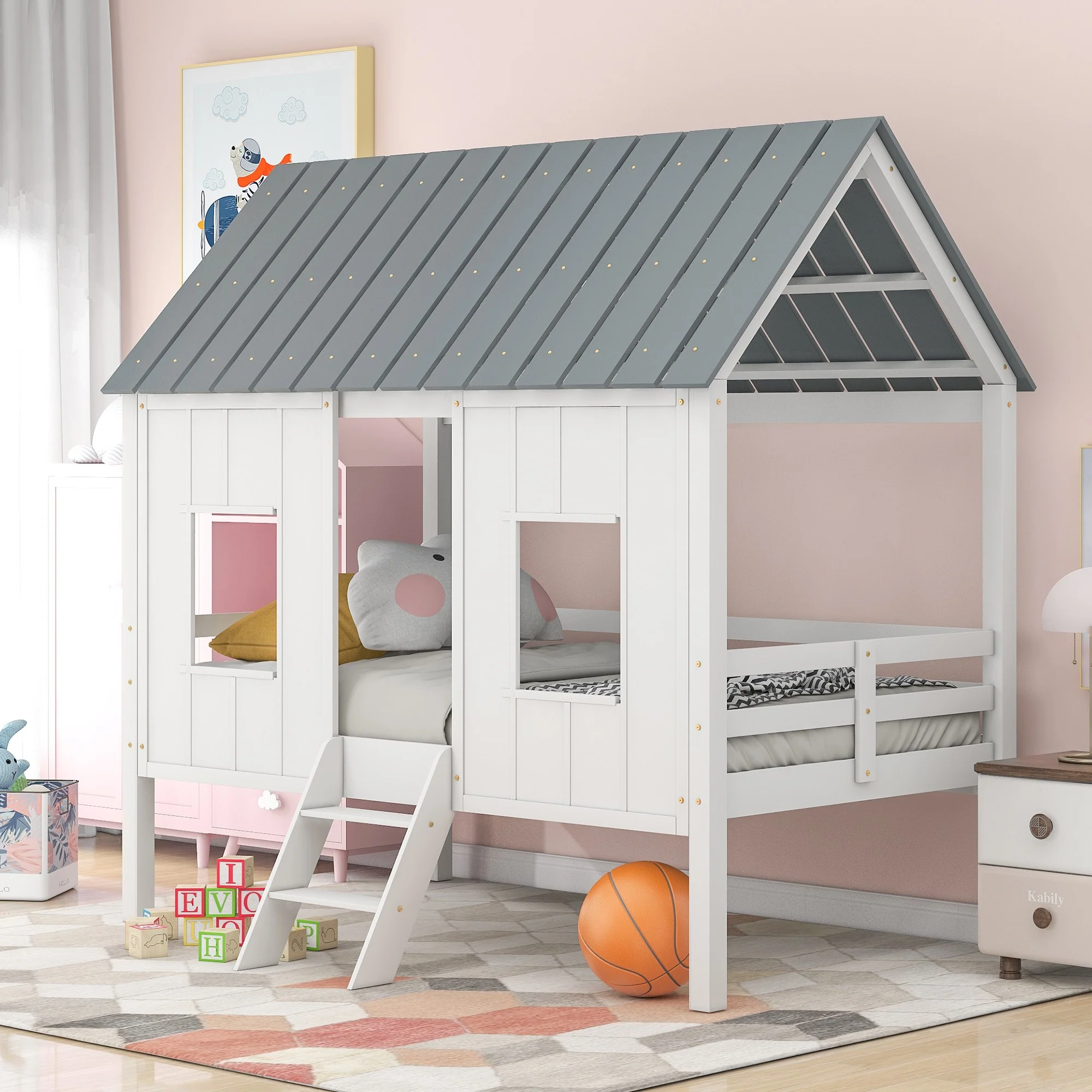 Playhouse With Windows And Roof White Twin Size Low Loft Bed By Homeroots
