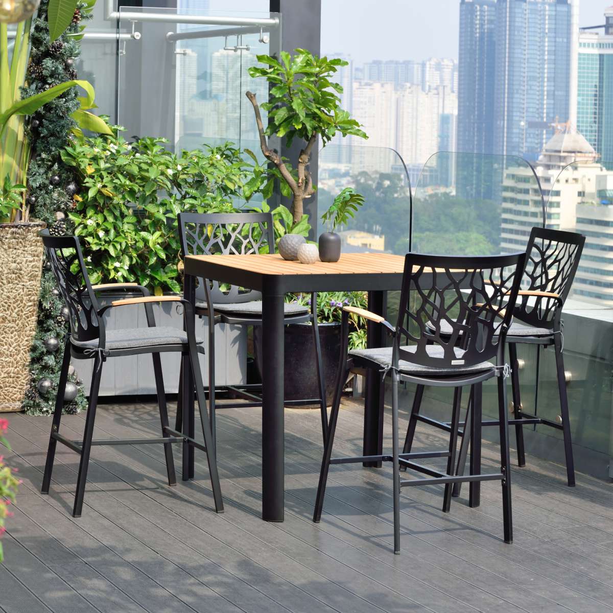 Portals 5 Piece Outdoor Patio Aluminum Bar Set in Black Finish By Armen Living