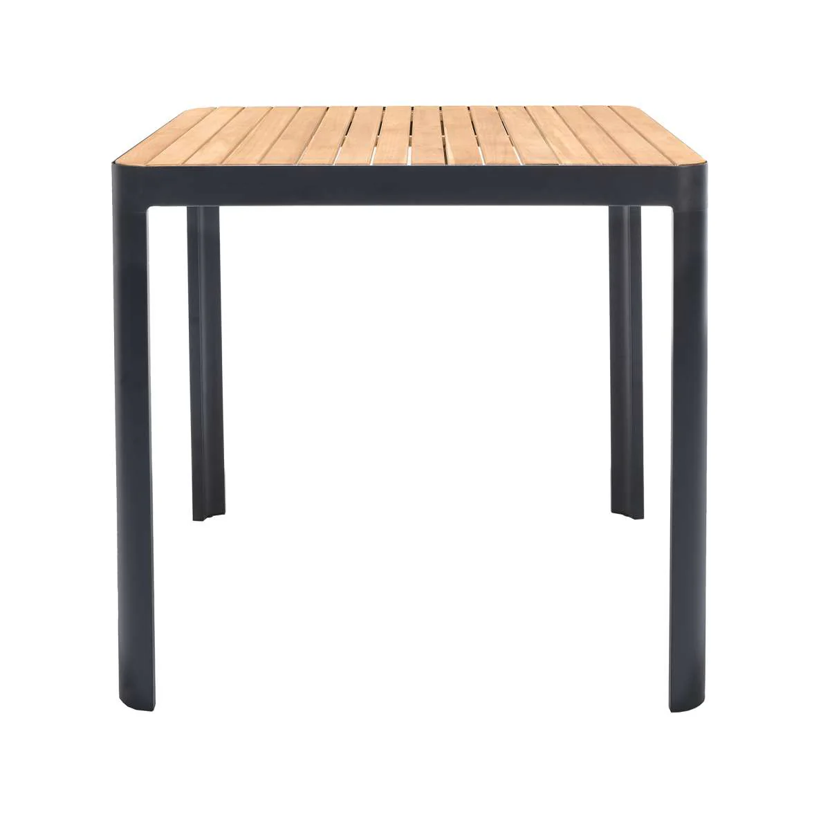 Portals Outdoor Square Bar Table in Natural Teak Wood Top and Black Frame By Armen Living