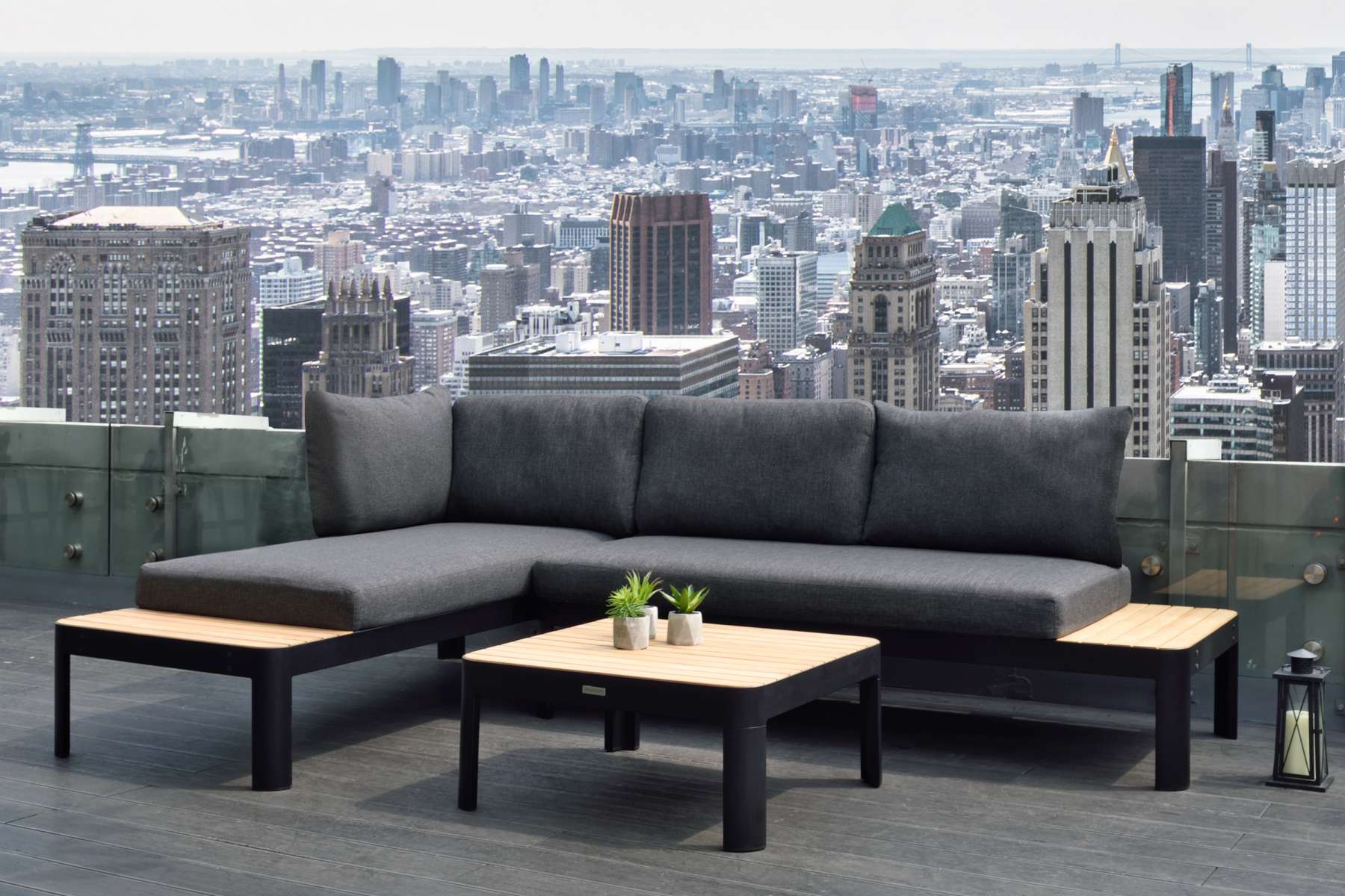 Portals Outdoor Square Coffee Table in Black Finish with Natural Teak Wood Top By Armen Living
