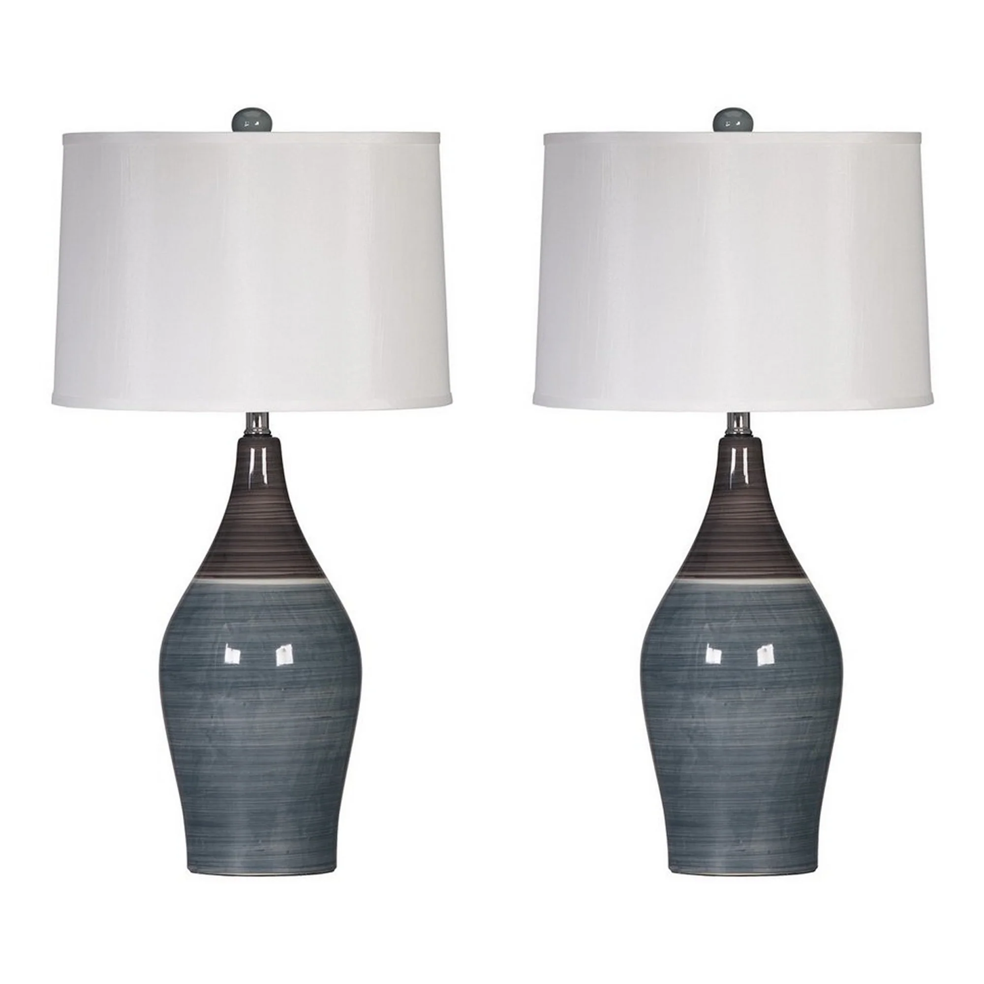 Pot Bellied Ceramic Table Lamp With Brushed DetailsSet Of 2 Gray And White By Benzara